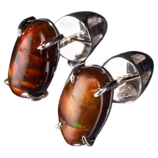 Fire Agate White Gold Stud Earrings Oval Cabochon Unisex