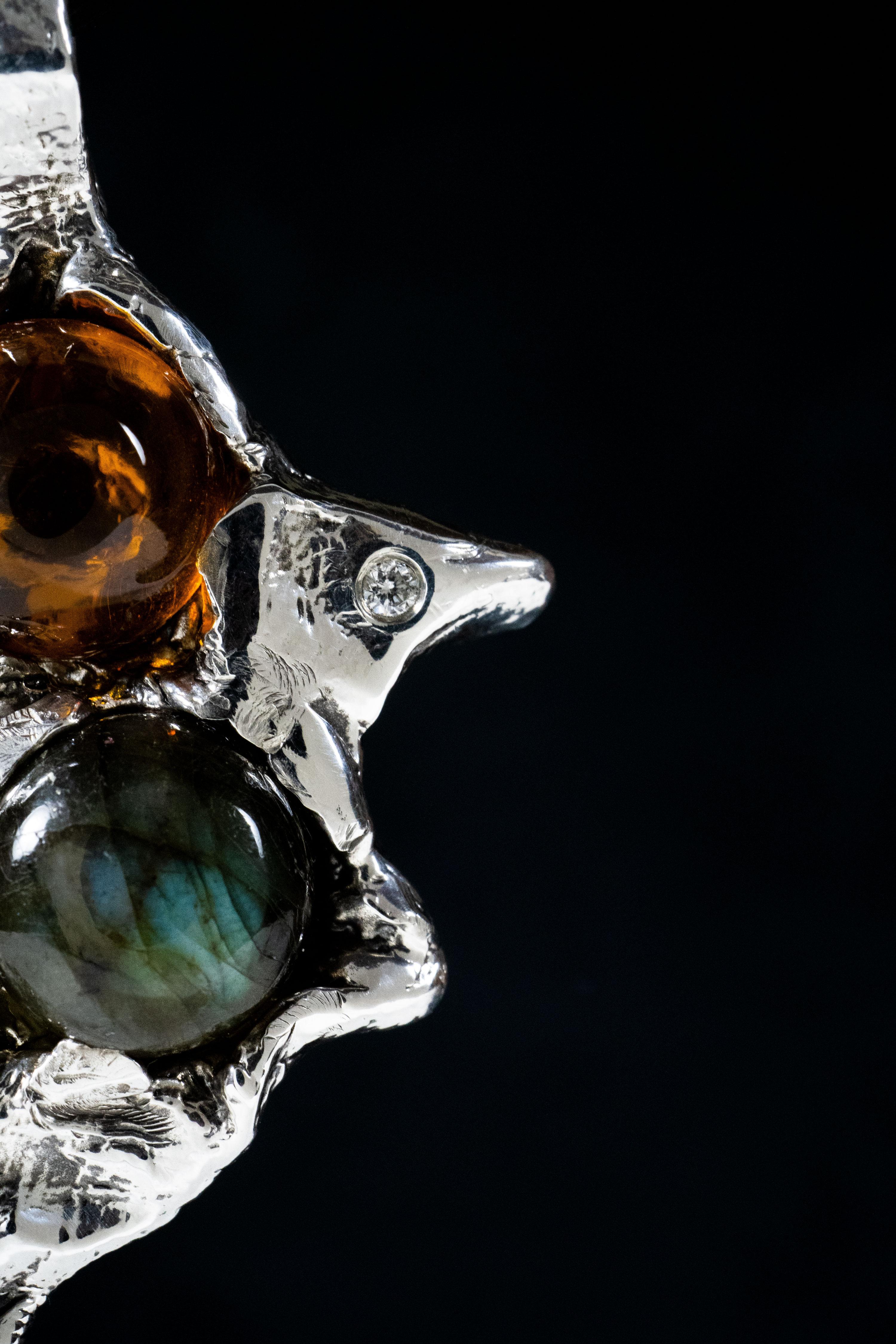 Cabochon Fire and Water (Amber, Labradorite, Genuine Diamond Pendant) by Ken Fury