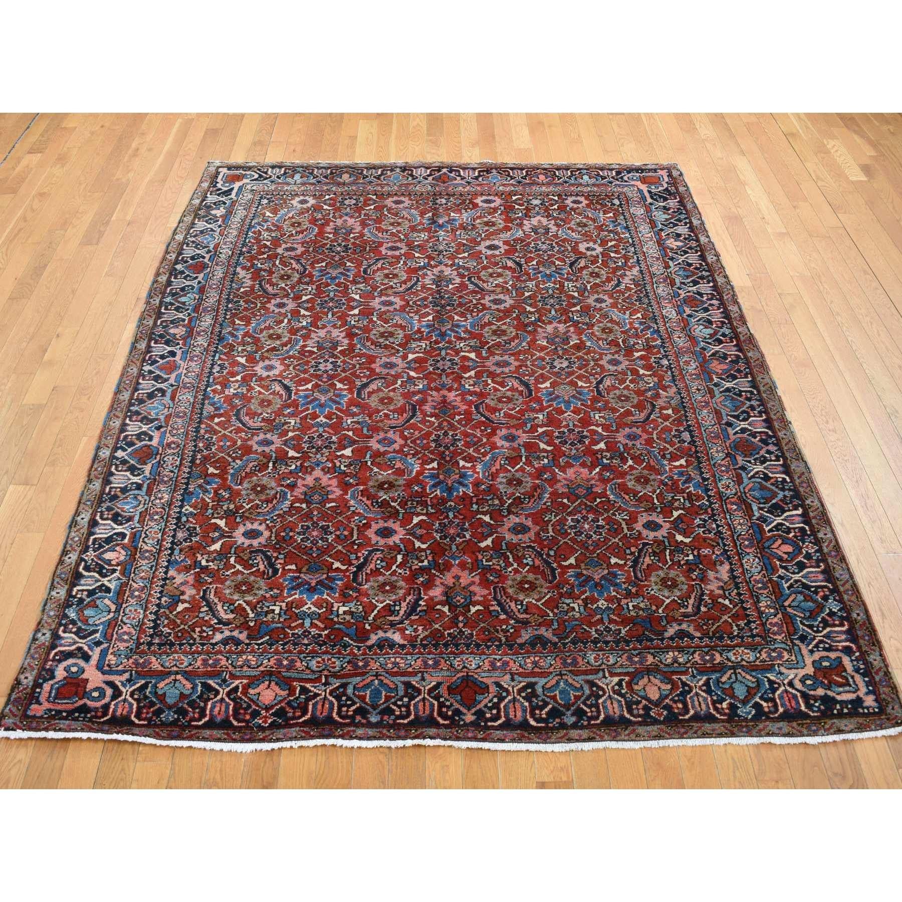 Heriz Serapi Fire Brick Red Antique Persian Heriz Full Pile Hand Knotted Pure Wool Clean Rug For Sale