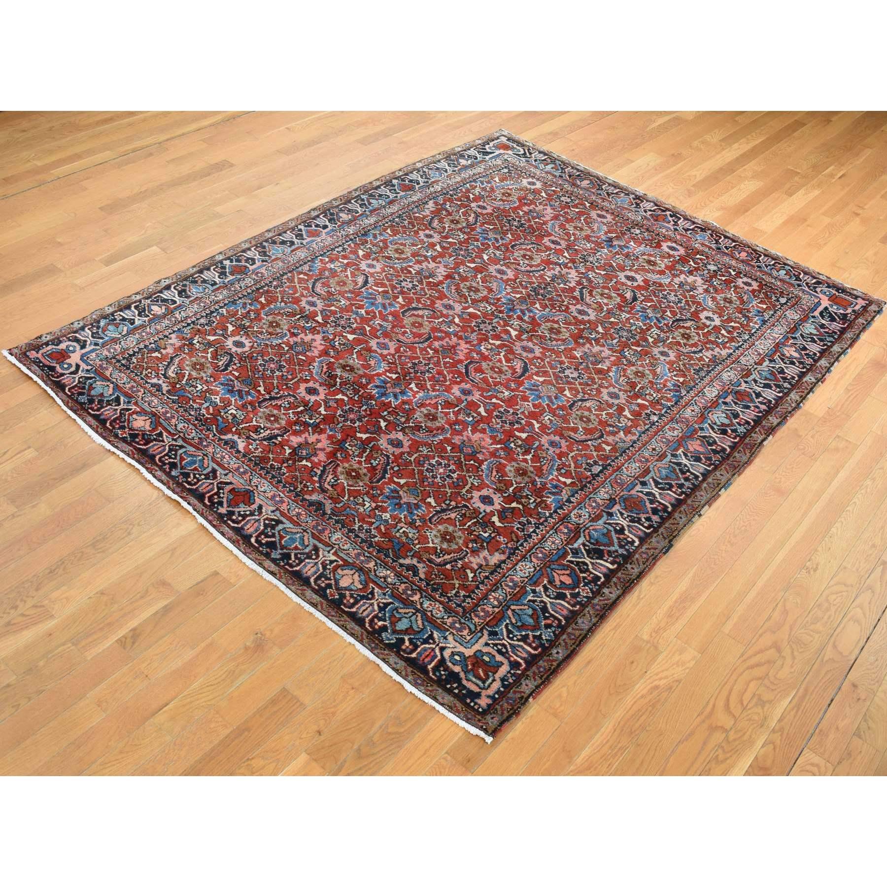 Hand-Knotted Fire Brick Red Antique Persian Heriz Full Pile Hand Knotted Pure Wool Clean Rug For Sale