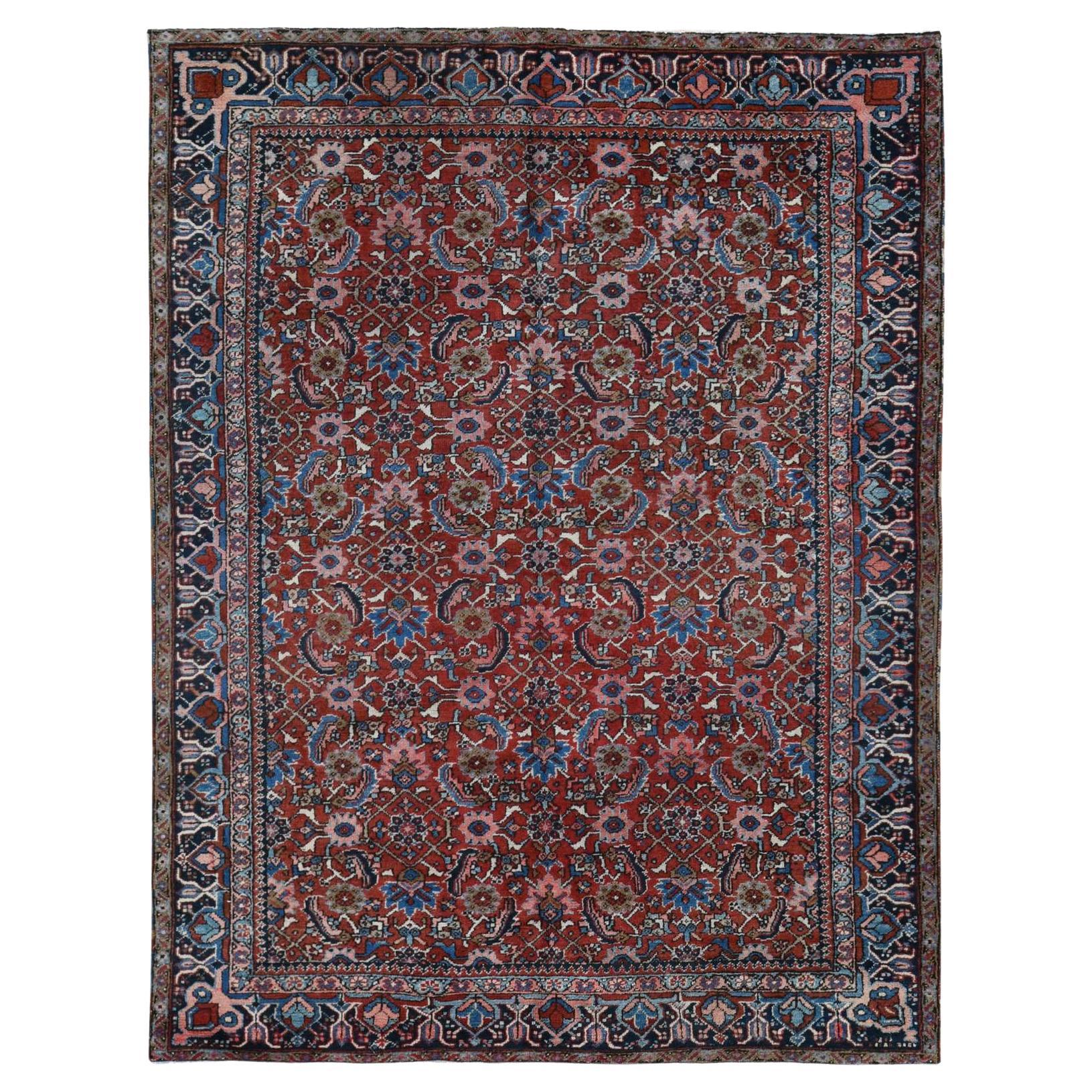 Fire Brick Red Antique Persian Heriz Full Pile Hand Knotted Pure Wool Clean Rug For Sale