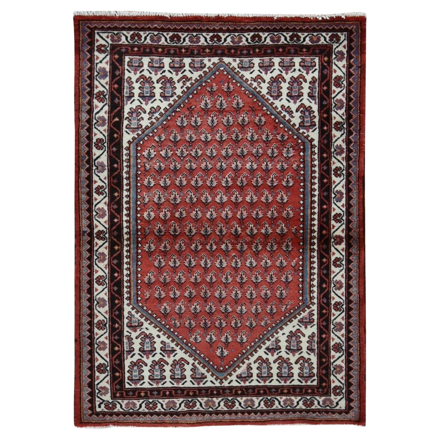 Fire Brick Red Pure Wool Vintage Sarouk Mir with Boteh Design Hand Knotted Rug