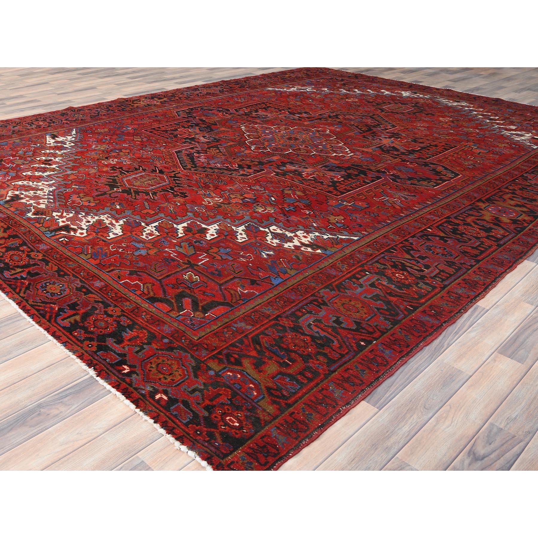 Hand-Knotted Fire Brick Worn Wool Vintage Persian Heriz Hand Knotted Cleaned Oriental Rug