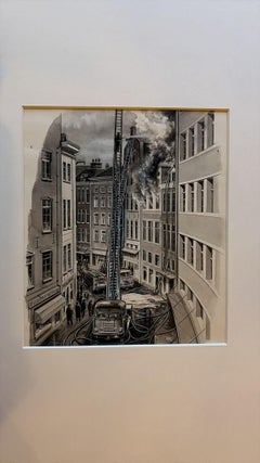 Fire Brigade in Narrow Street – Original Illustration by Charles Burki, ca.1960