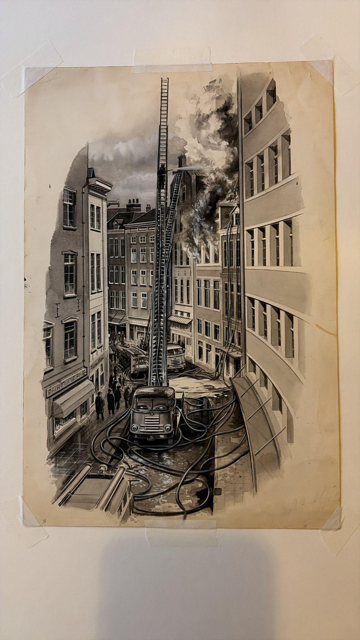 Néerlandais Pompiers dans une rue étroite - Illustration originale de Charles Burki, vers 1960 en vente