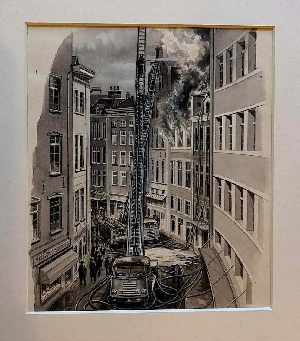 Pompiers dans une rue étroite - Illustration originale de Charles Burki, vers 1960 Bon état - En vente à Langweer, NL