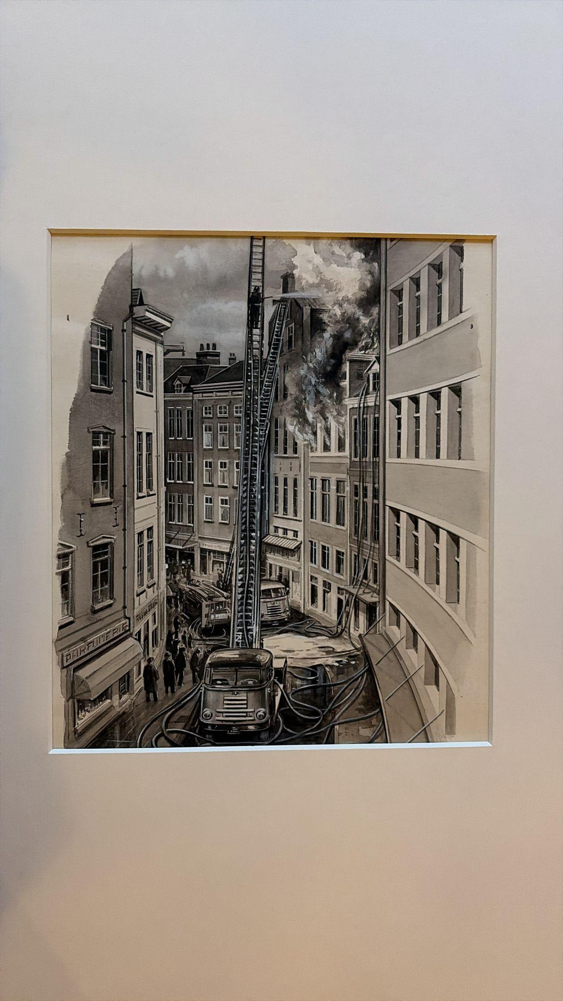 Milieu du XXe siècle Pompiers dans une rue étroite - Illustration originale de Charles Burki, vers 1960 en vente