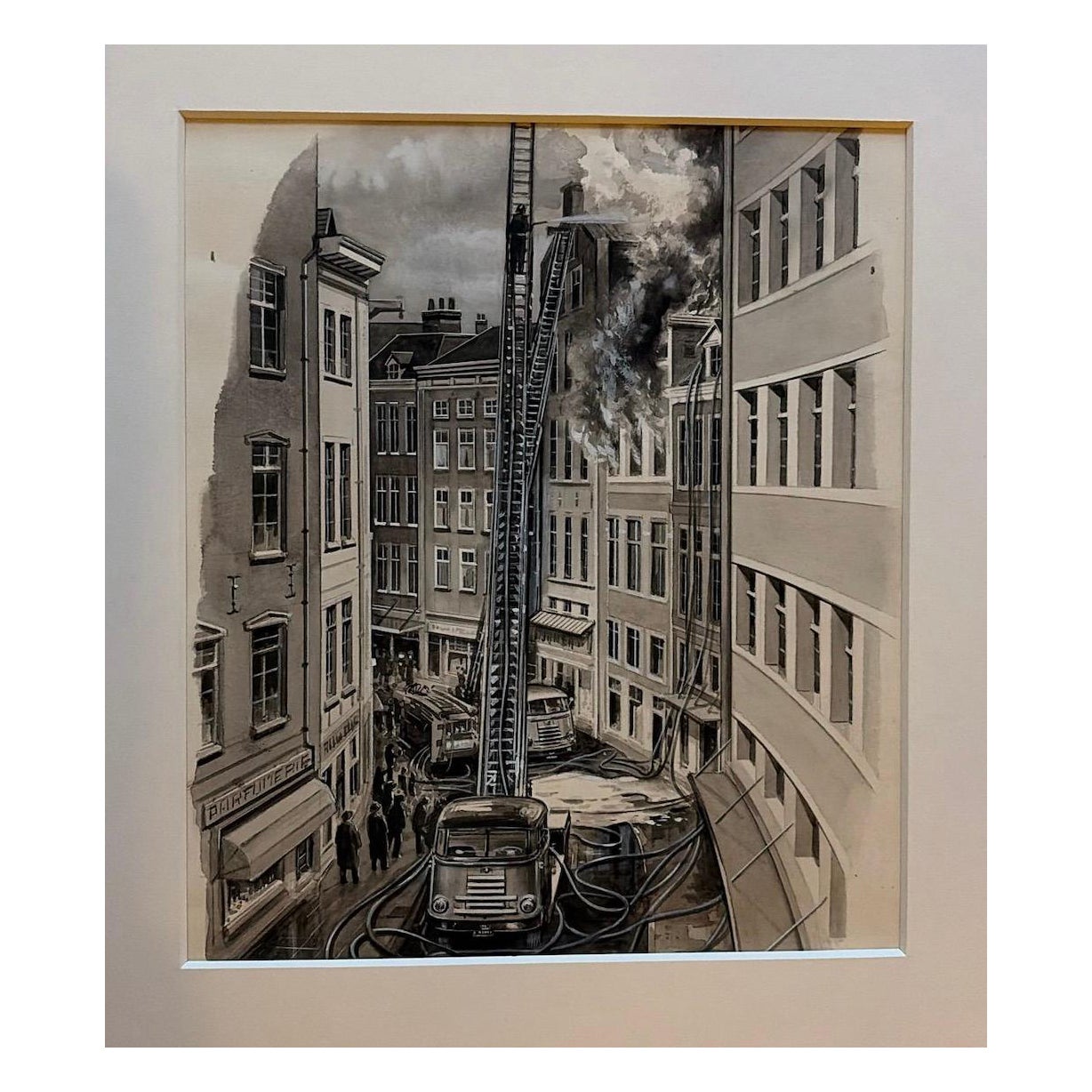 Vigili del fuoco in una strada stretta - Illustrazione originale di Charles Burki, 1960 ca.