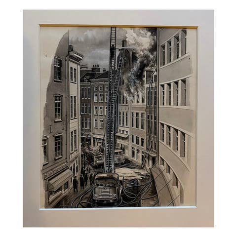 Fire Brigade in Narrow Street – Original Illustration by Charles Burki, ca.1960