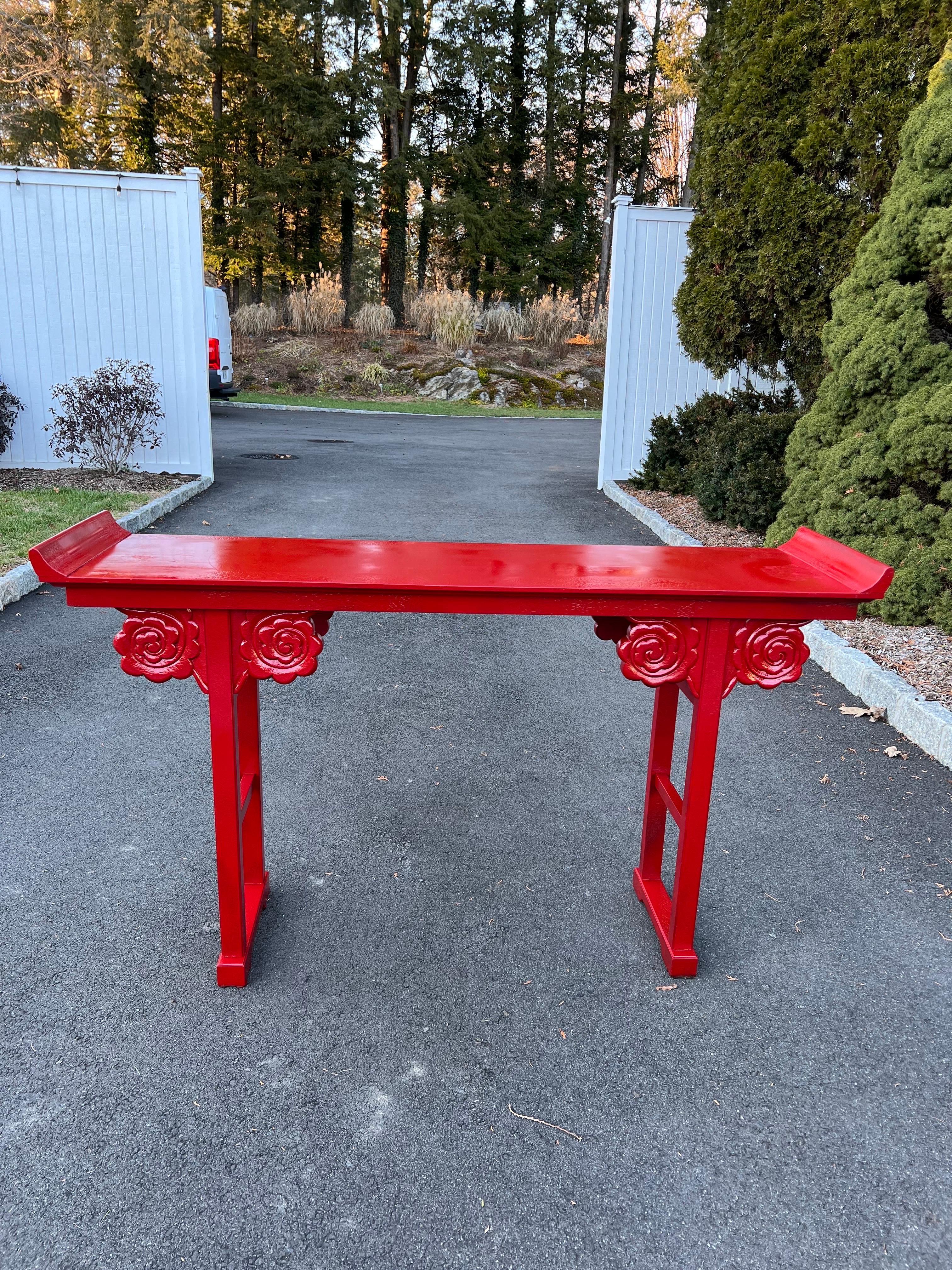 Fire Engine Red Asian Console Table In Good Condition For Sale In Redding, CT