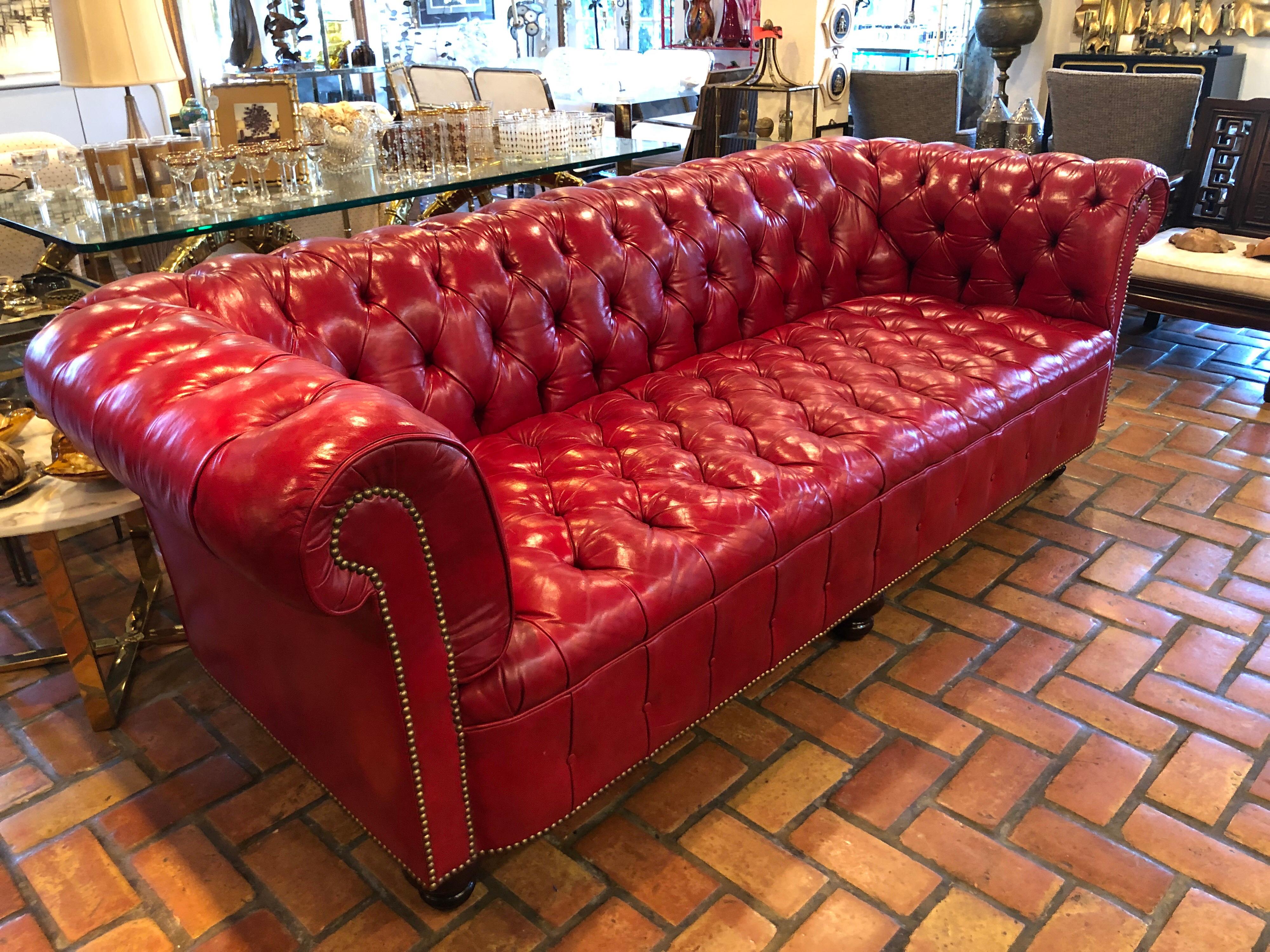 American Fire Engine Red Leather Chesterfield