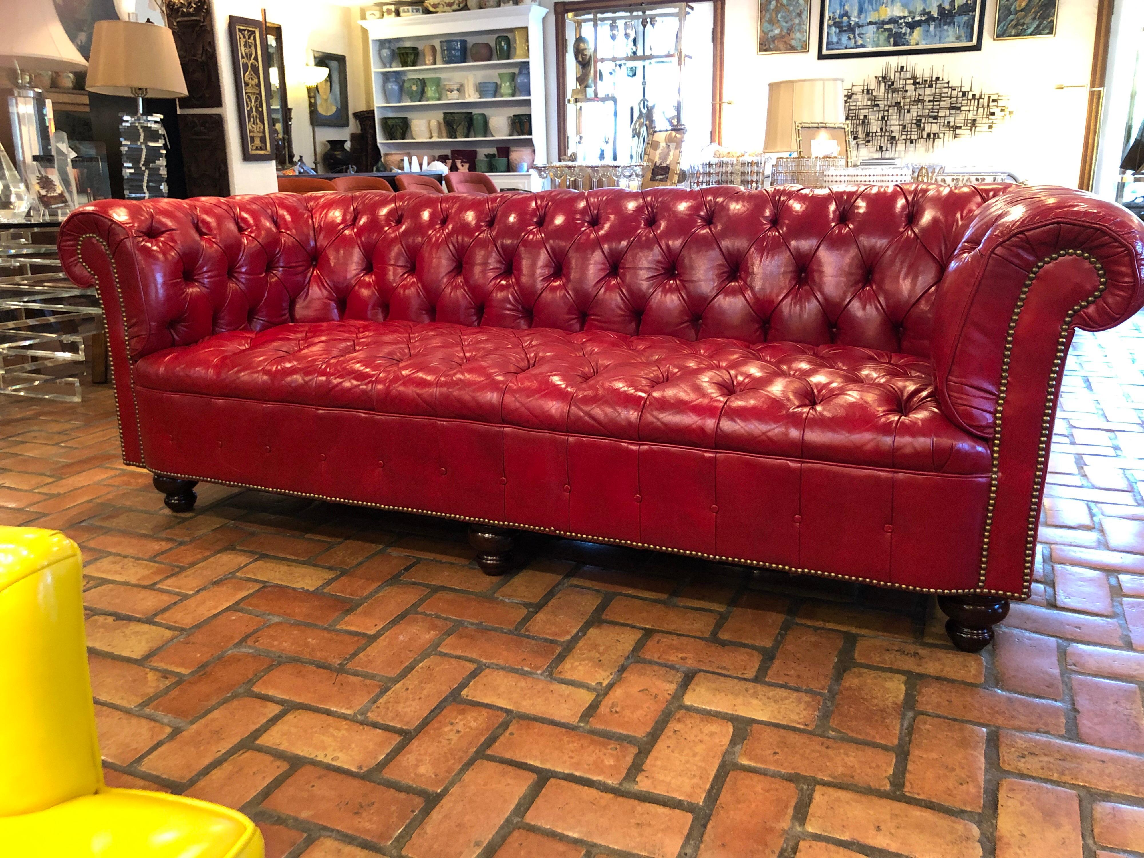 Fire Engine Red Leather Chesterfield In Good Condition In Redding, CT