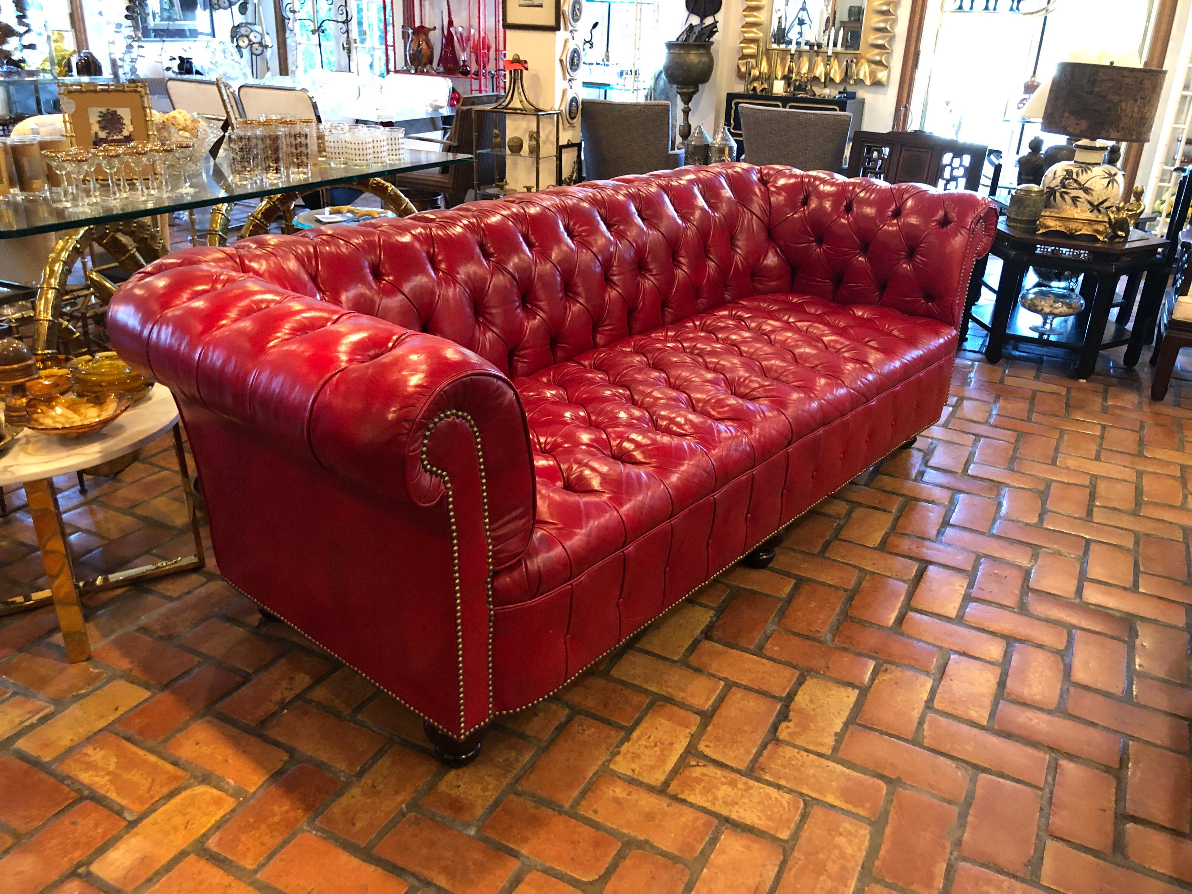 Late 20th Century Fire Engine Red Leather Chesterfield