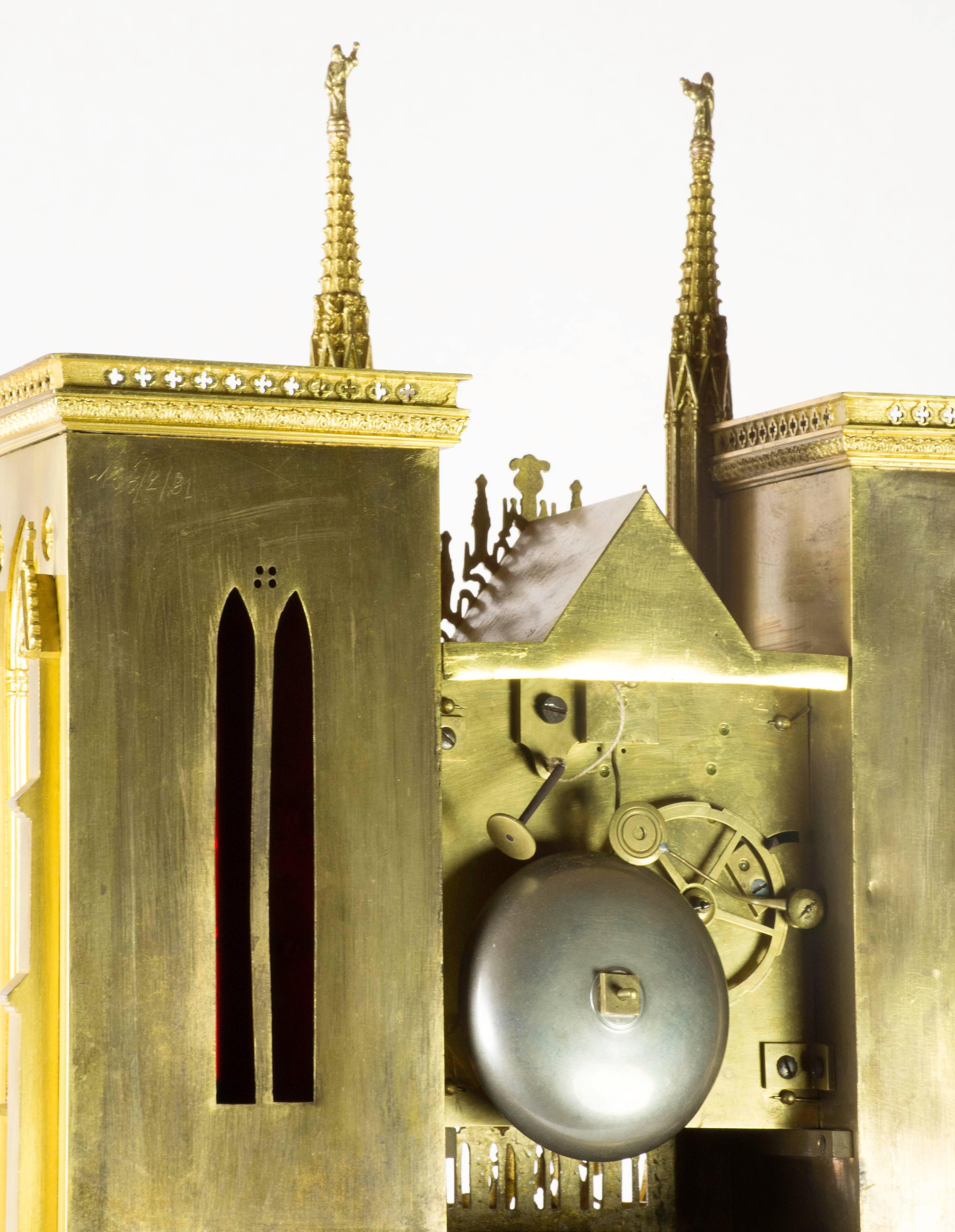 Grand Tour Fire-Gilded Bronze, 19th Century Rouen Cathedral Clock with Music Box For Sale