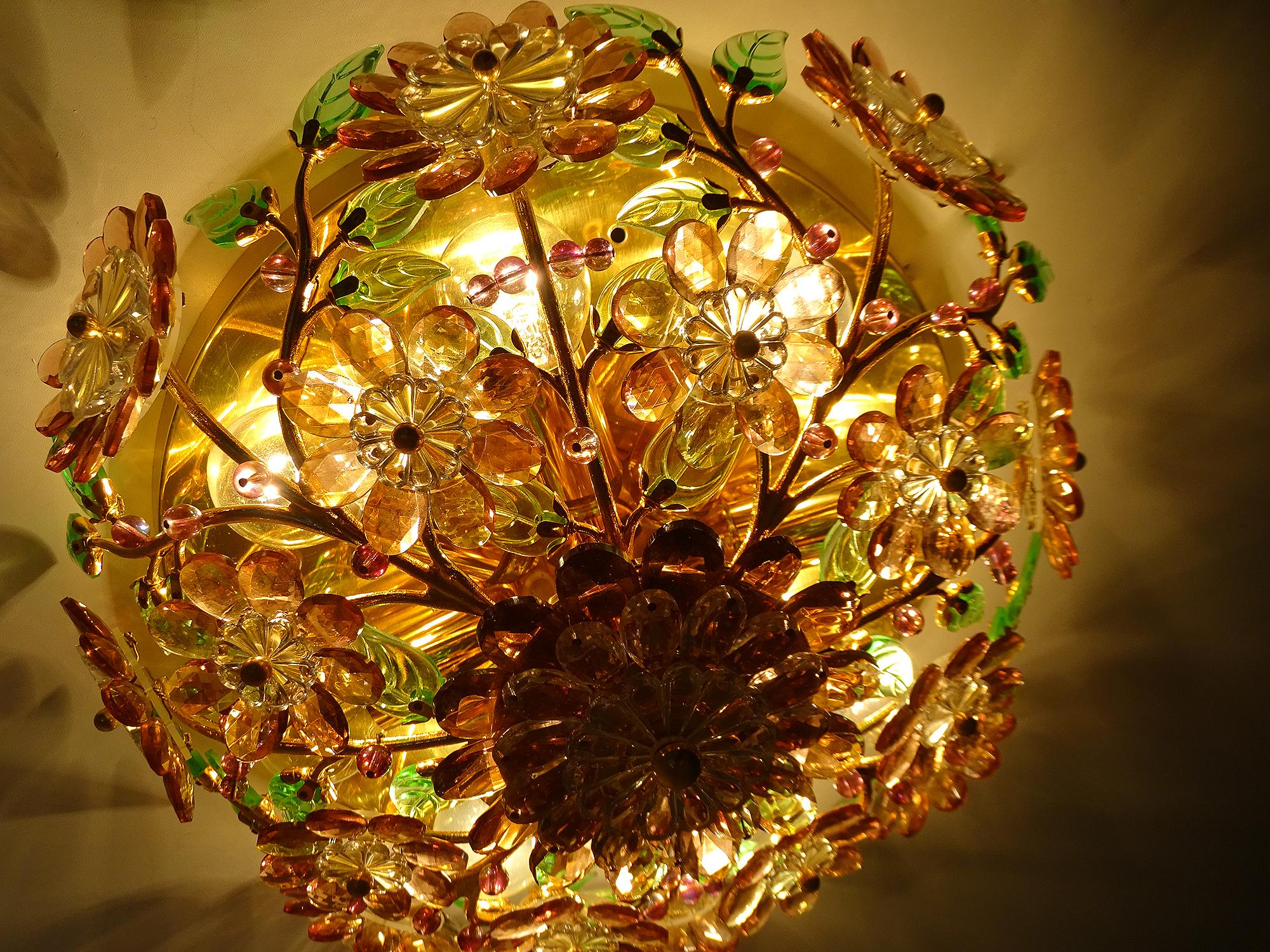  Stunning  Gilded Palwa Pendant Light, Brass Flush Light with Flowers For Sale 4