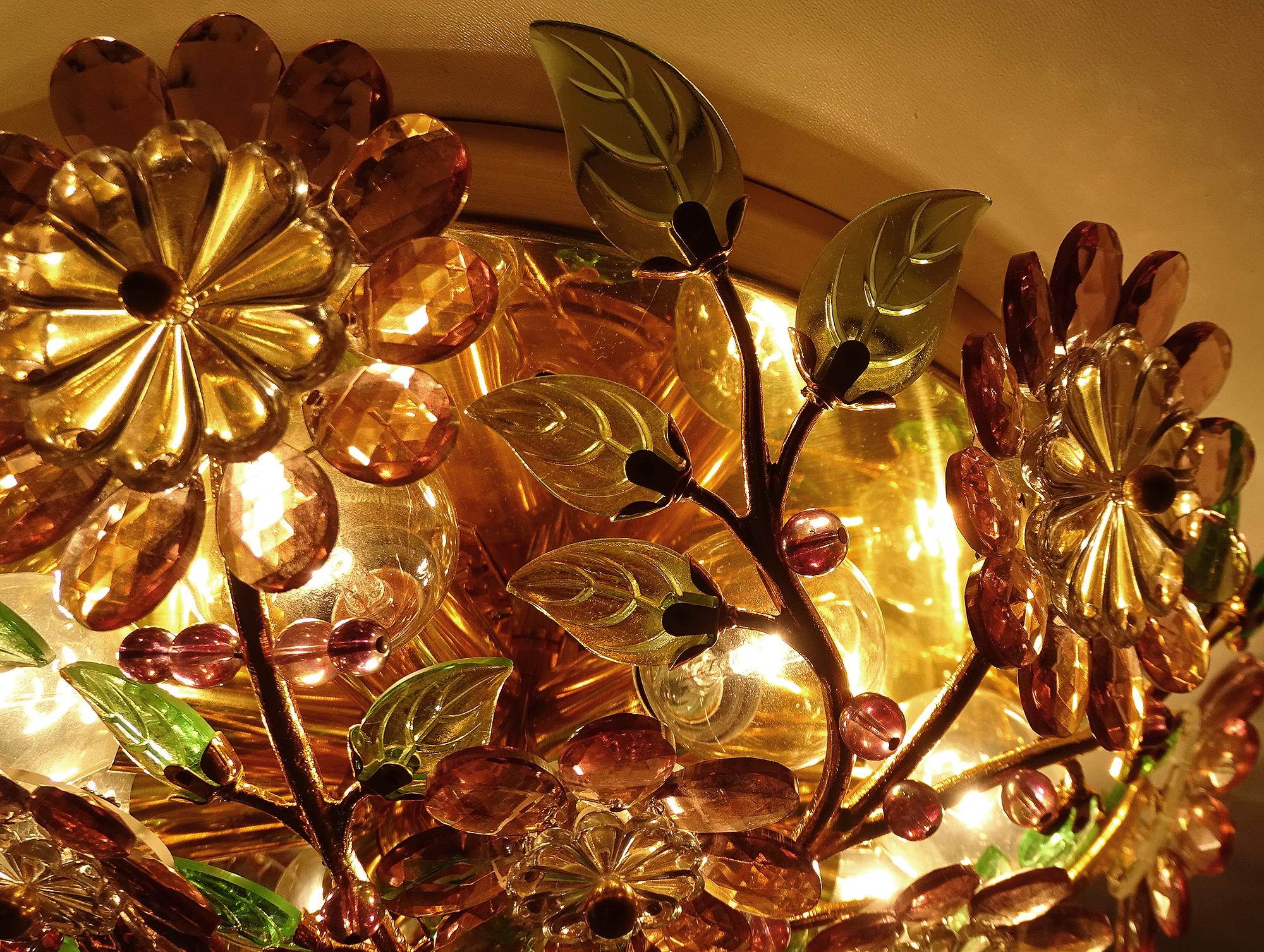  Stunning  Gilded Palwa Pendant Light, Brass Flush Light with Flowers For Sale 7