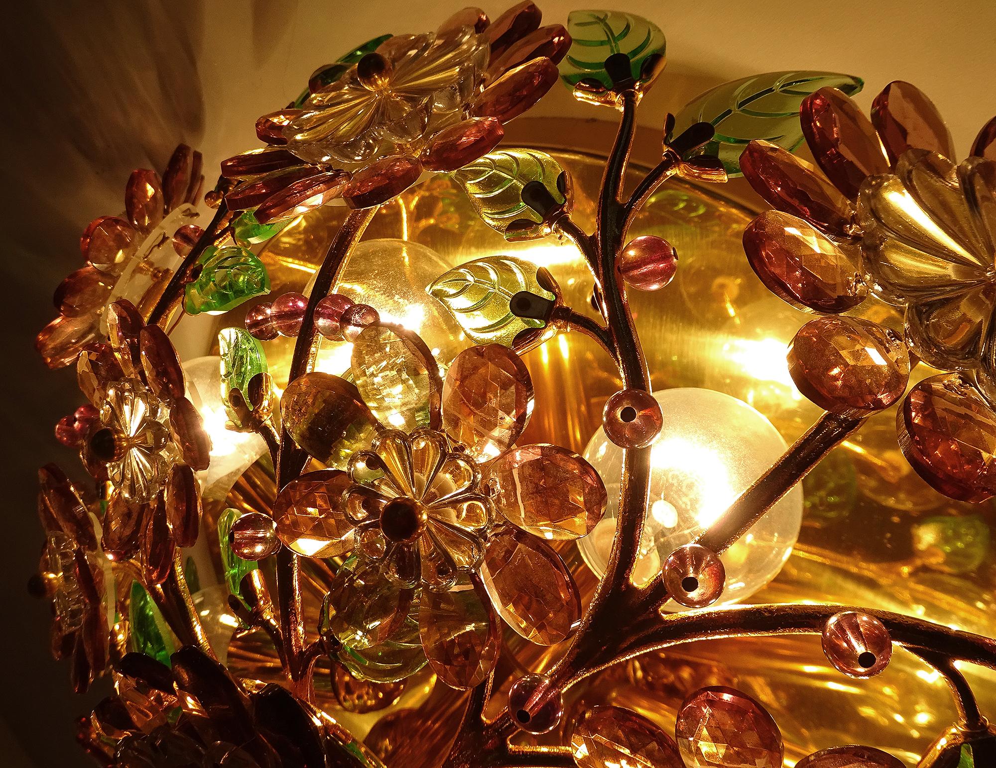  Stunning  Gilded Palwa Pendant Light, Brass Flush Light with Flowers For Sale 9