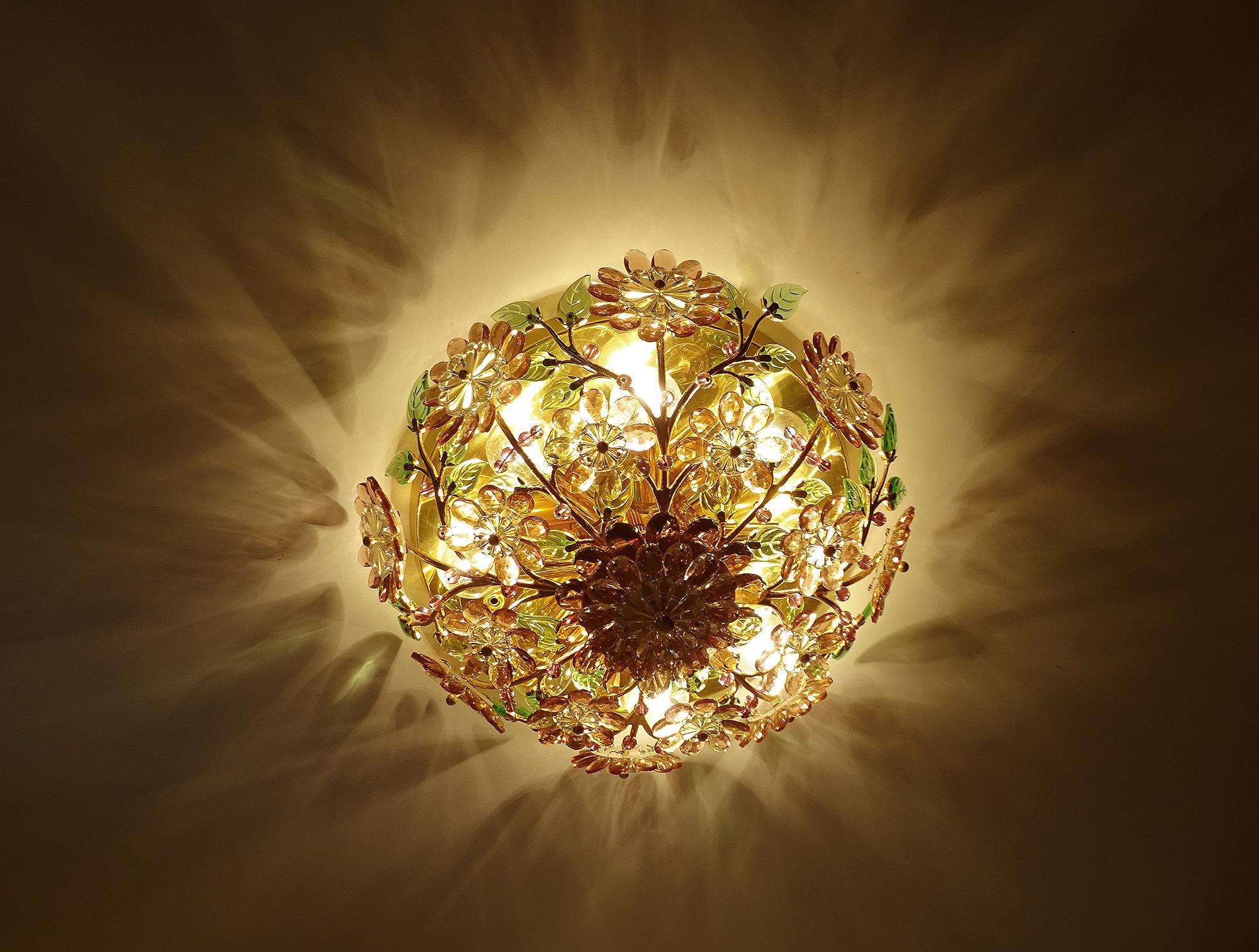 Mid-Century Modern  Stunning  Gilded Palwa Pendant Light, Brass Flush Light with Flowers For Sale