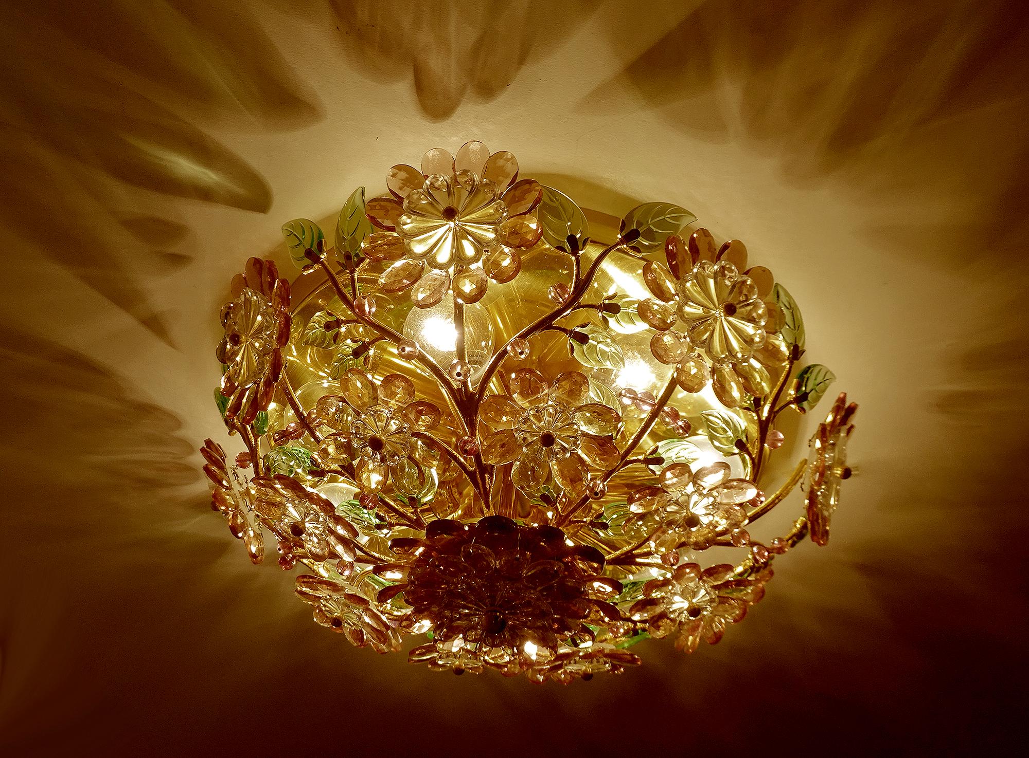  Stunning  Gilded Palwa Pendant Light, Brass Flush Light with Flowers In Excellent Condition For Sale In Bremen, DE
