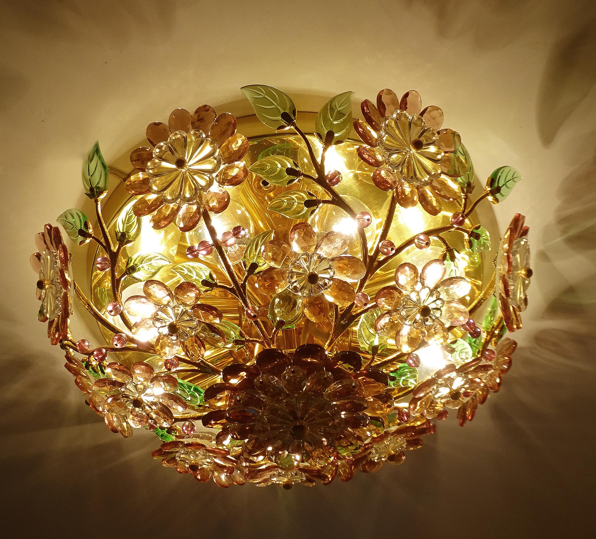  Stunning  Gilded Palwa Pendant Light, Brass Flush Light with Flowers For Sale 1