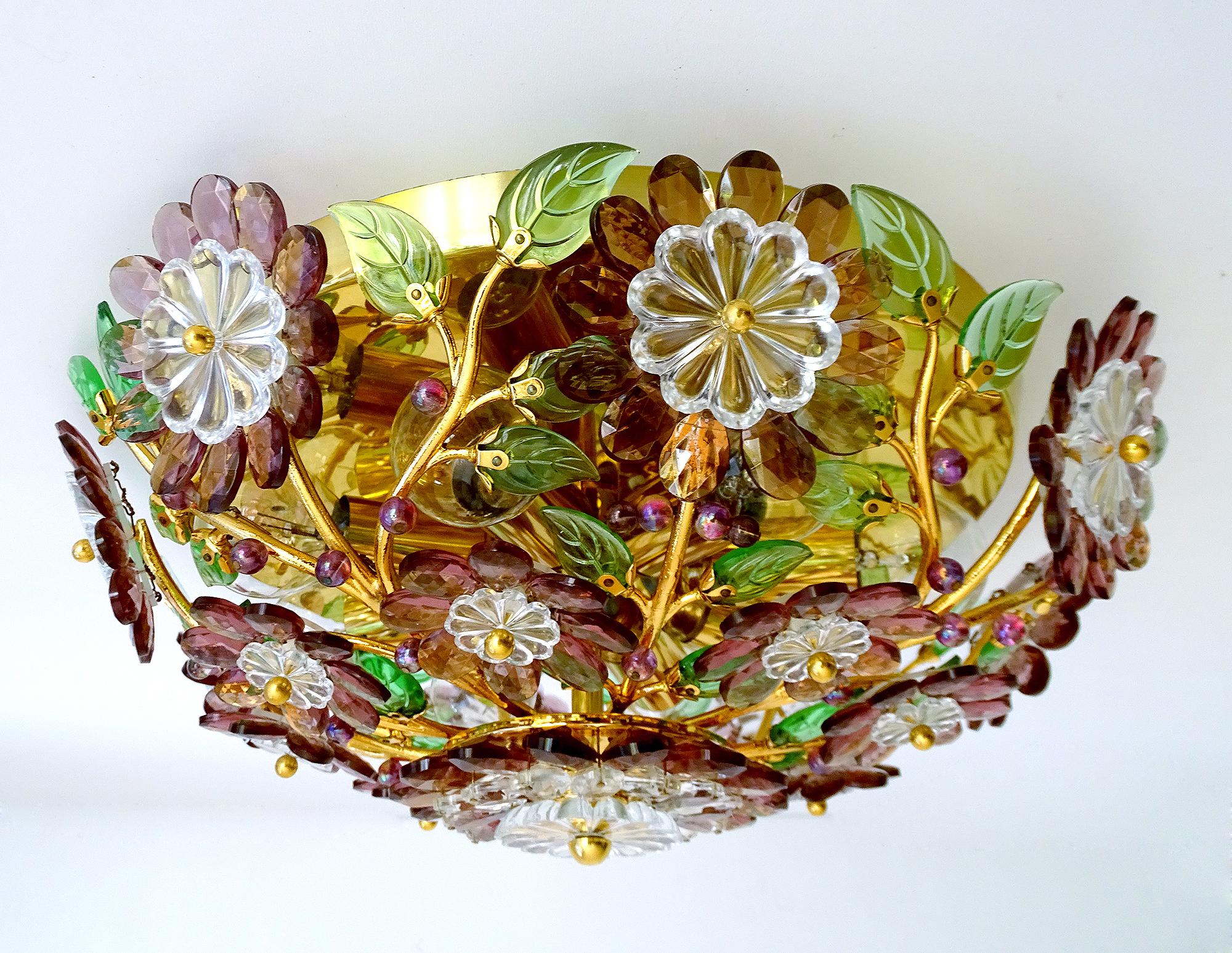  Stunning  Gilded Palwa Pendant Light, Brass Flush Light with Flowers For Sale 2
