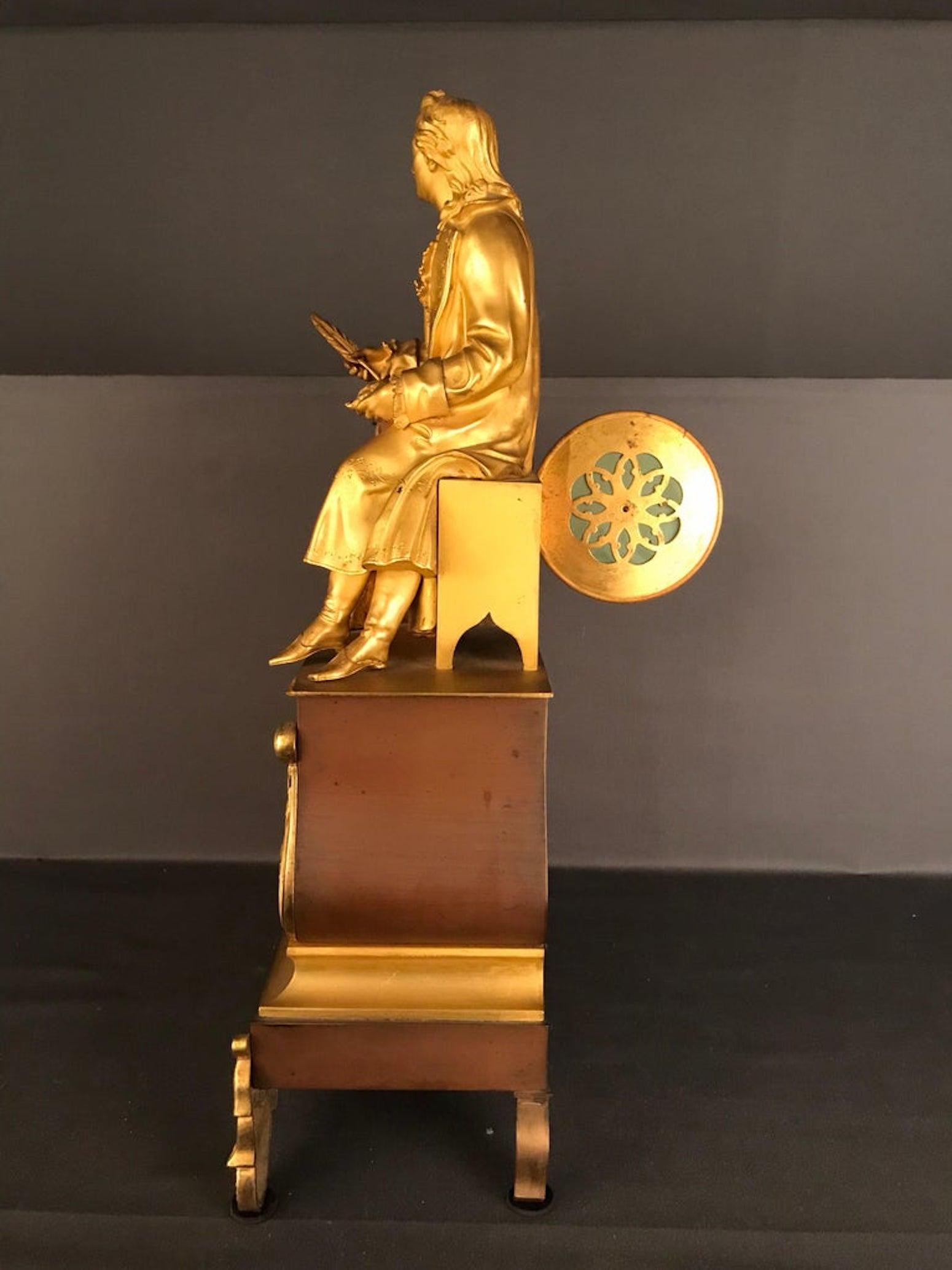 Reloj de péndulo dorado al fuego 1870 Poeta sentado de bronce Cherviet fino en venta 8