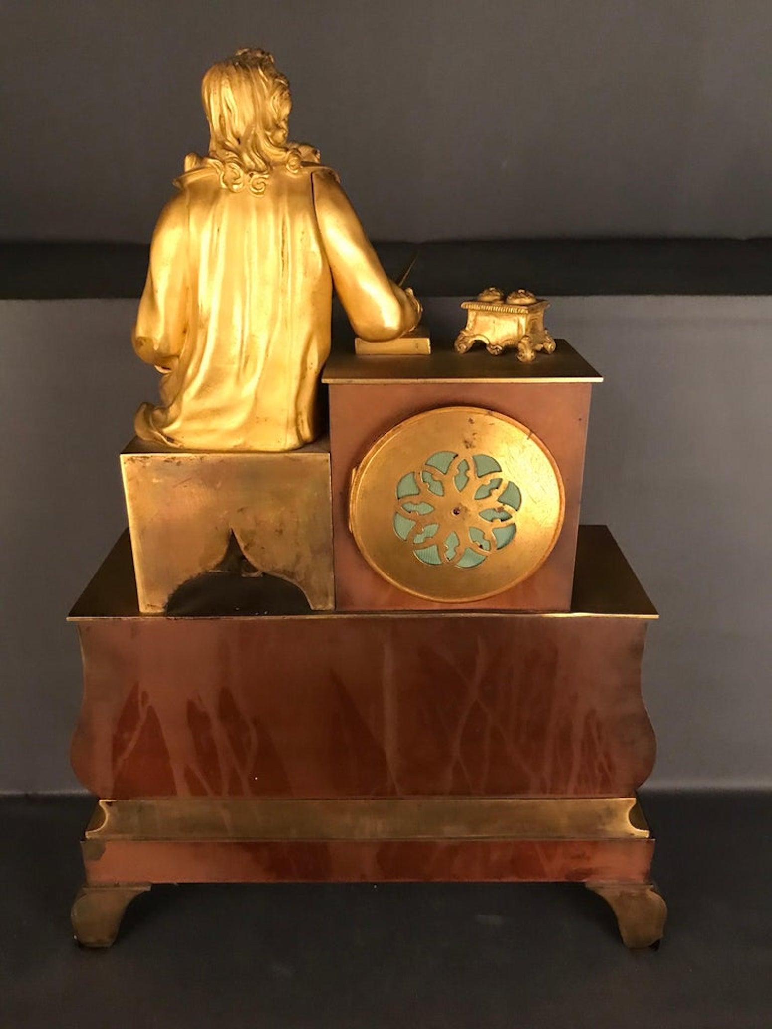 Reloj de péndulo dorado al fuego 1870 Poeta sentado de bronce Cherviet fino en venta 9