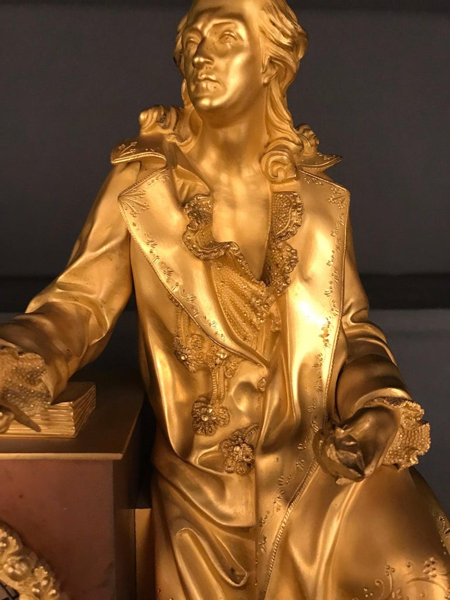 Reloj de péndulo dorado al fuego 1870 Poeta sentado de bronce Cherviet fino en Bueno estado para la venta en Berlin, DE
