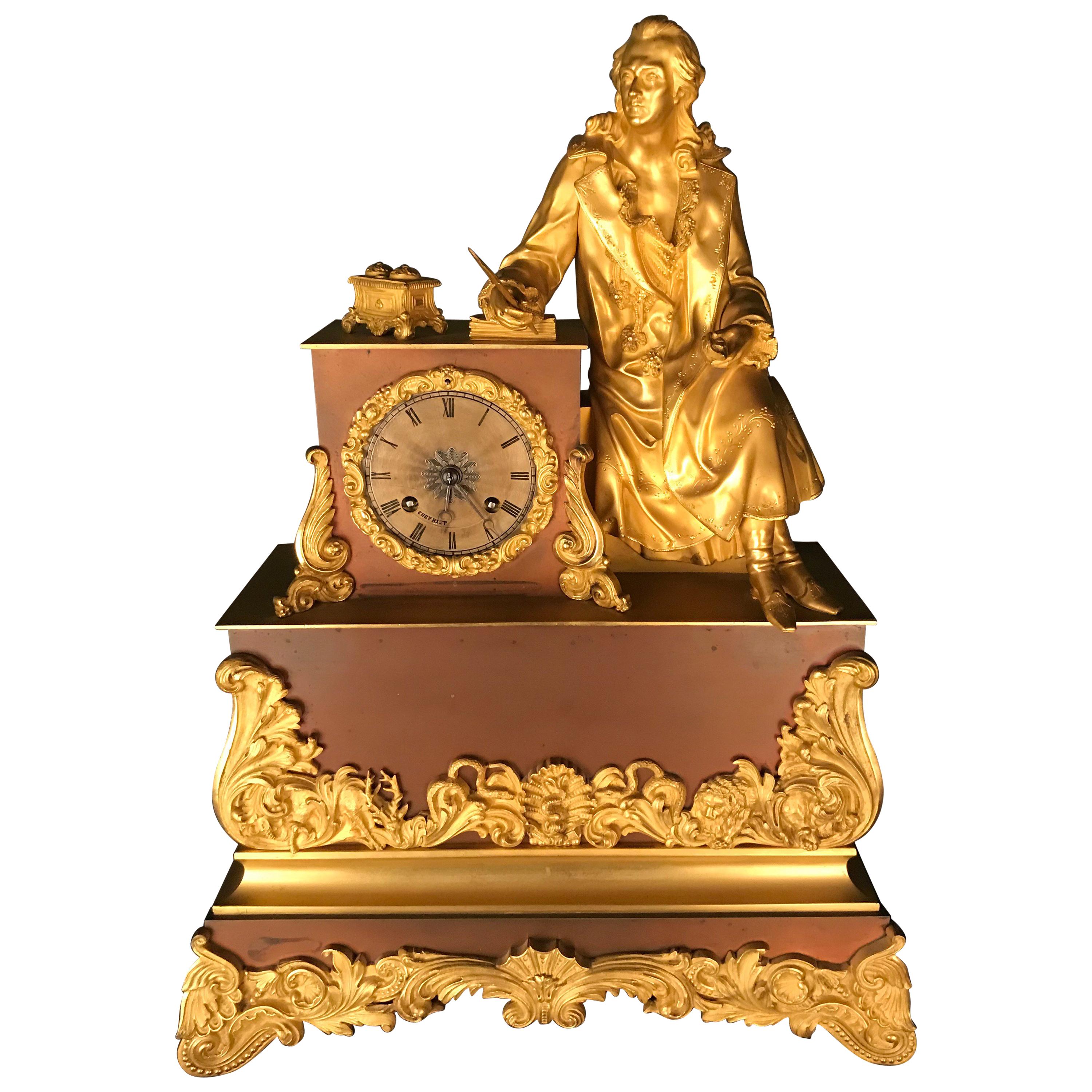 Fire-Gilded Pendule Clock 1870 Bronze Sitting Poet Fine Cherviet For Sale