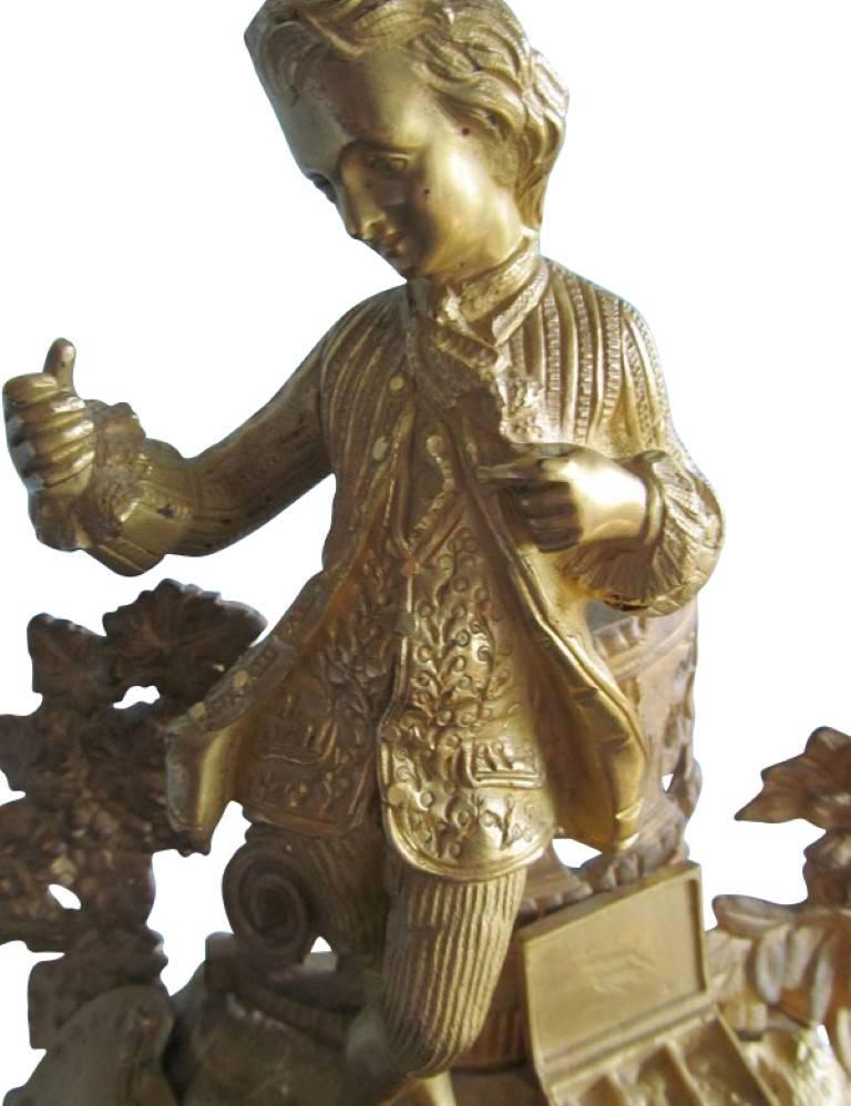 A fire-gilt mantel clock from 1850 signed with HRY Marc from Paris. Is in good condition and fully functional. The clock is bronze fire-gilt with a cleanly white dial. On the top of the clock is a representation of a young painter which was very