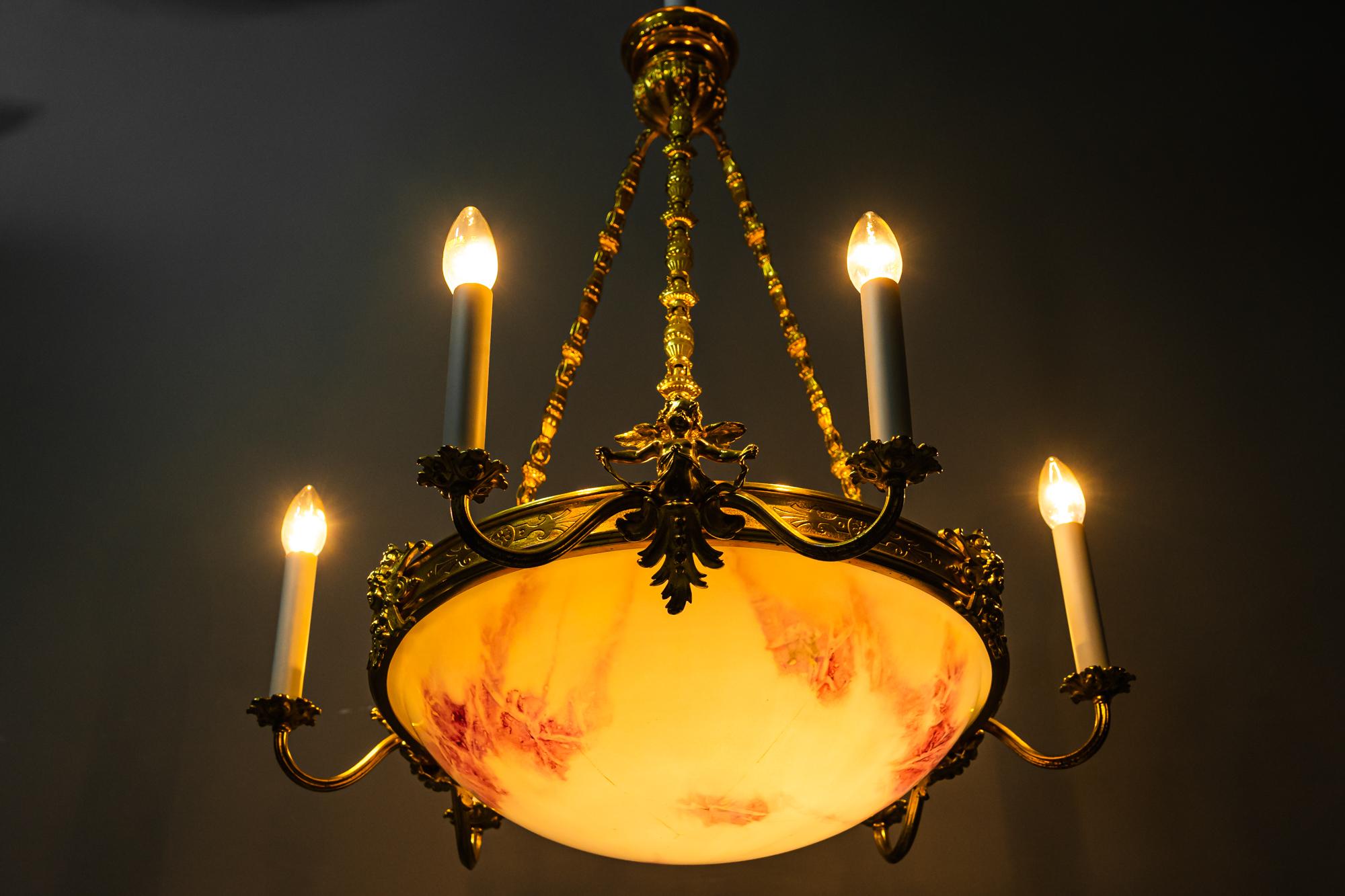 Fire Gilted Art Deco Chandelier with Original Glass Shade Around 1920s For Sale 8