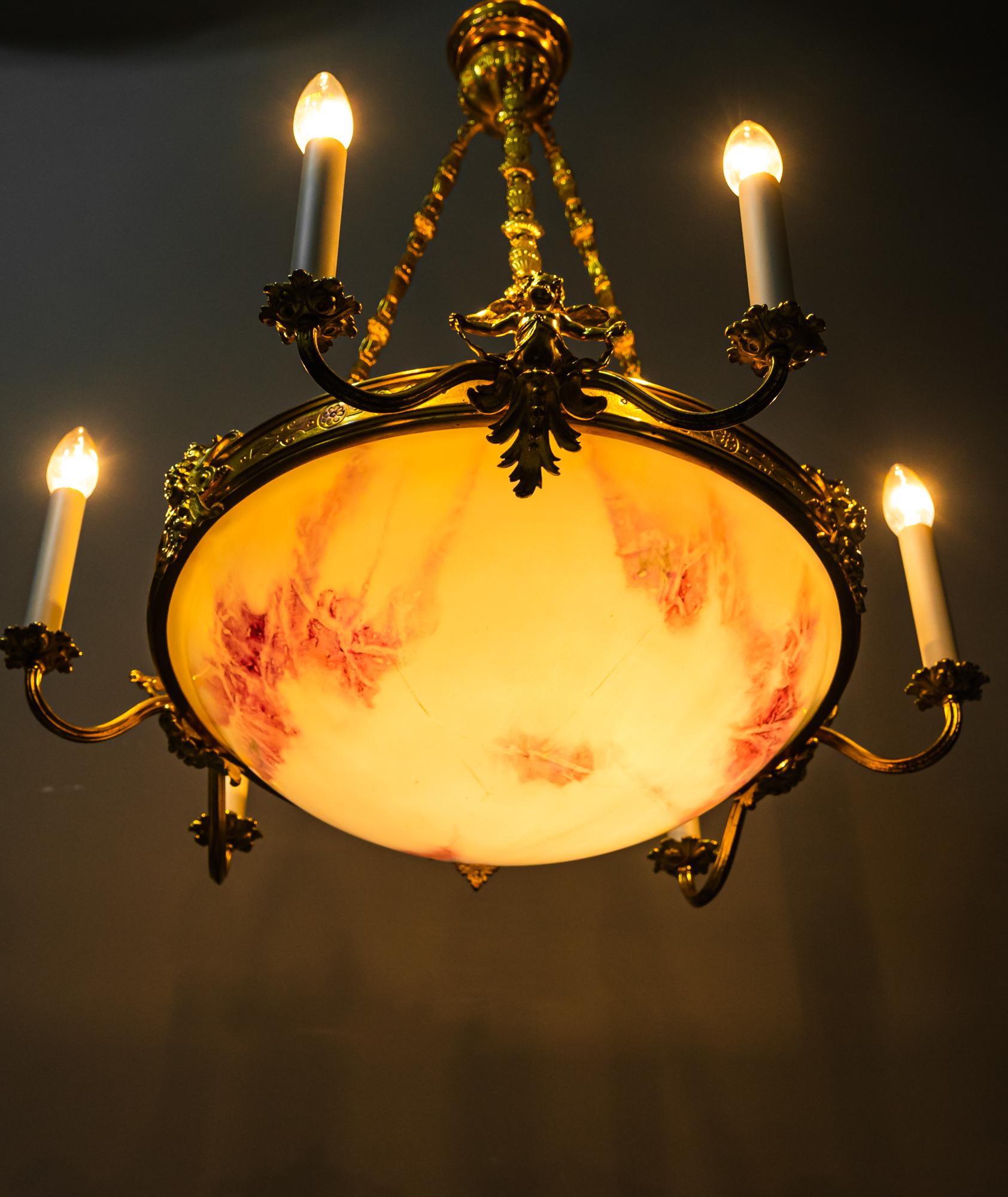 Fire Gilted Art Deco Chandelier with Original Glass Shade Around 1920s For Sale 10