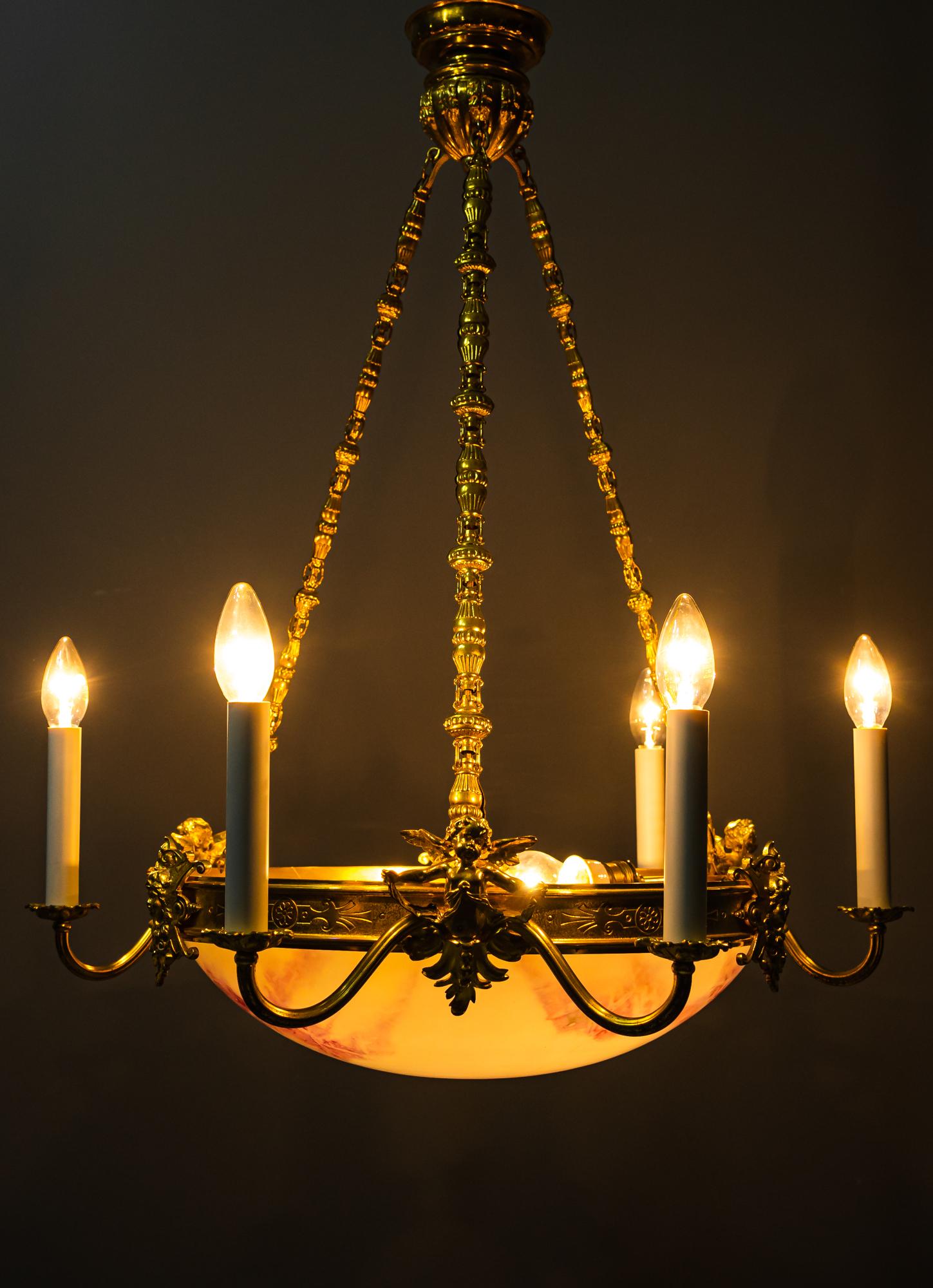 Fire Gilted Art Deco Chandelier with Original Glass Shade Around 1920s For Sale 12