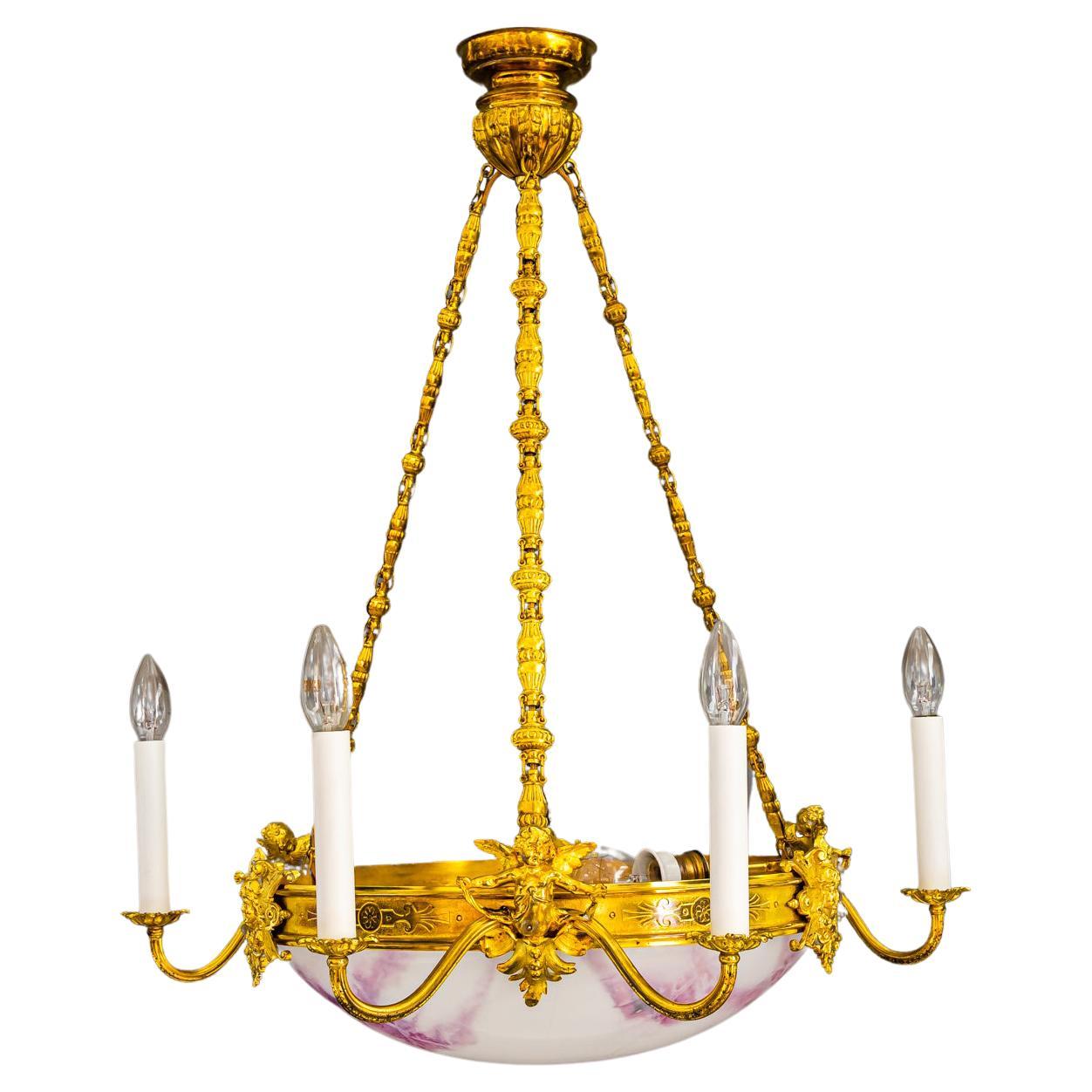Fire Gilted Art Deco Chandelier with Original Glass Shade Around 1920s For Sale