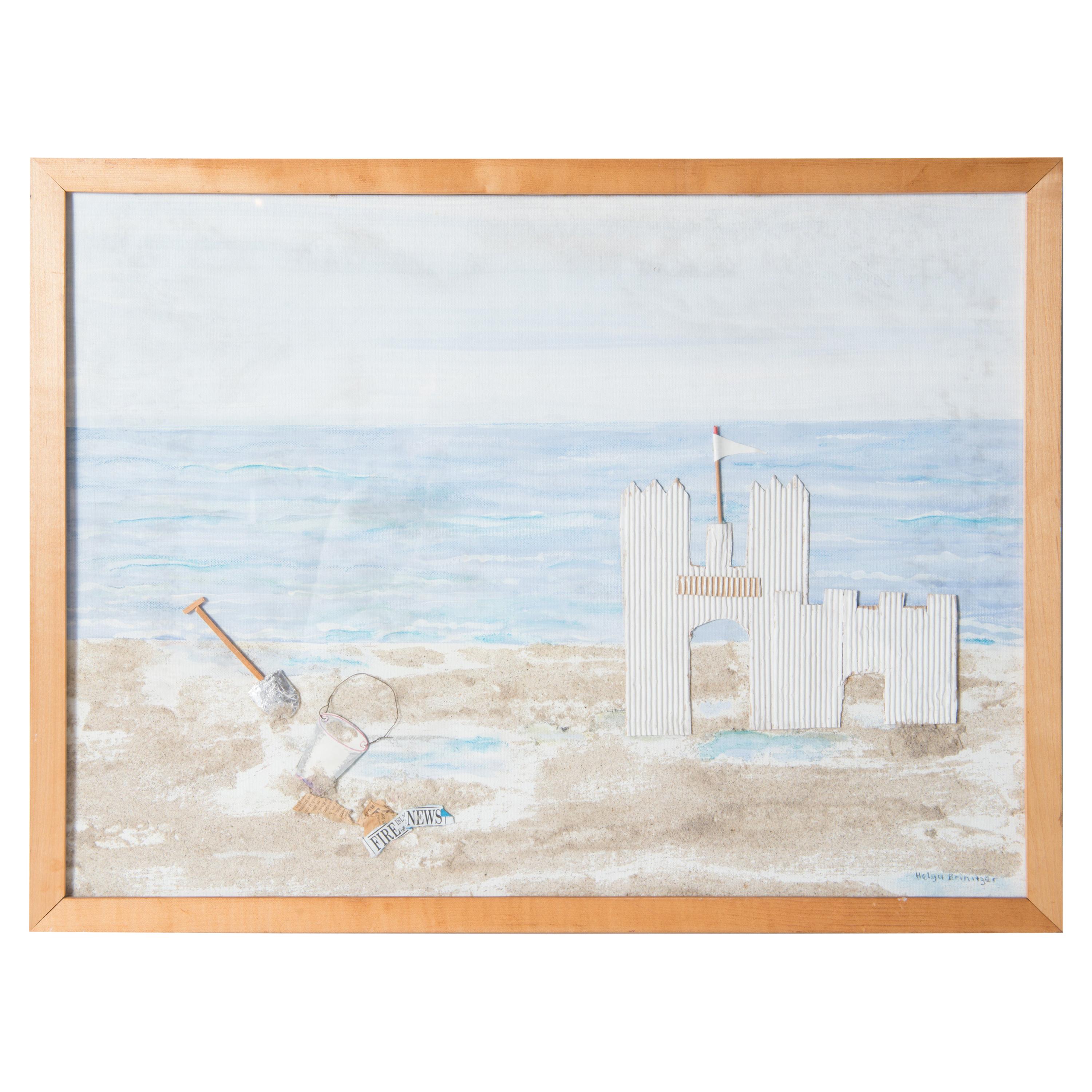 Collage Fire Island, château de sable sur la plage, signé