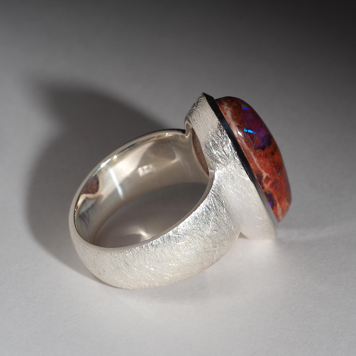 Opale messicano di fuoco Anello d'argento rosso arancione Gioielli di dichiarazione Grande opale naturale in vendita 4
