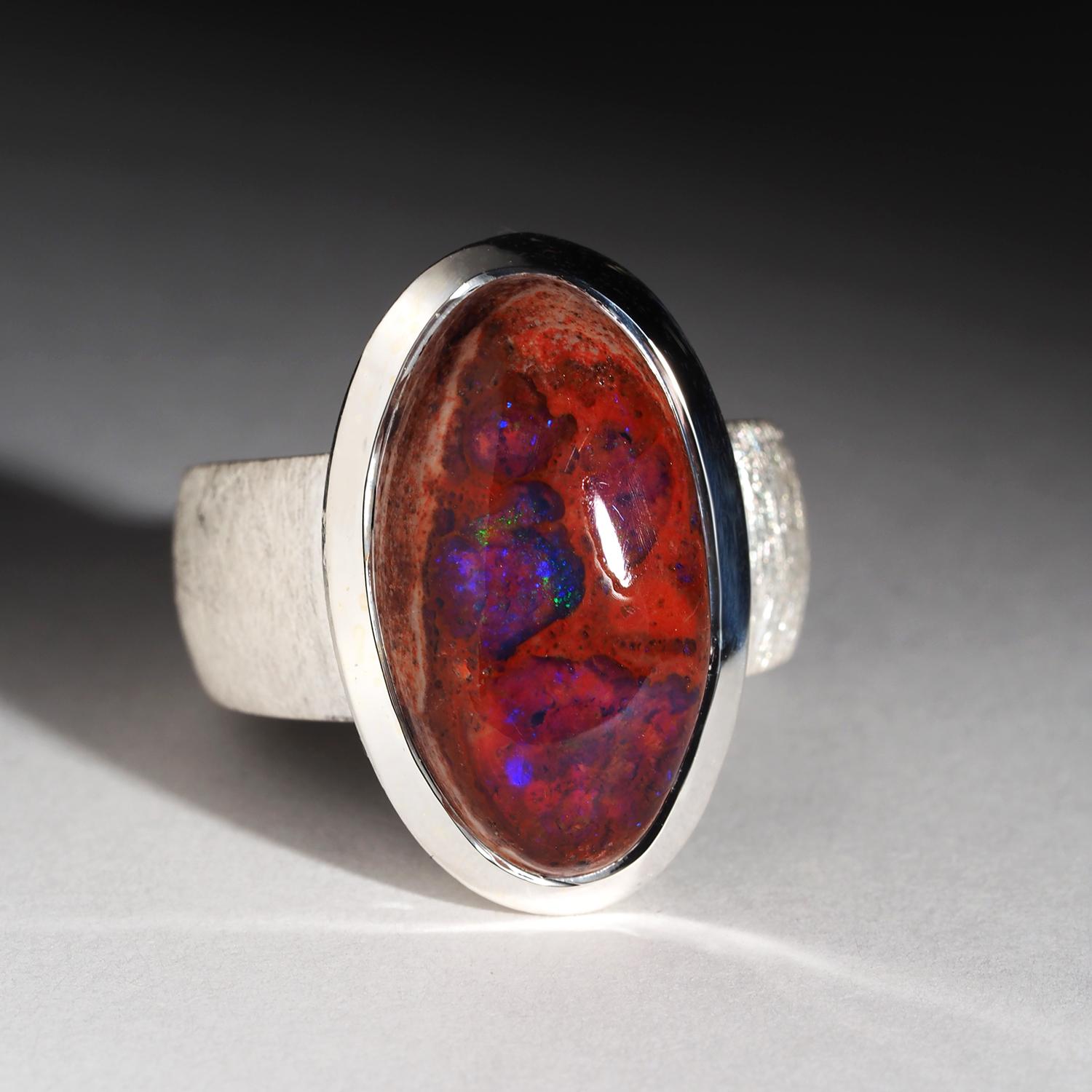 Opale messicano di fuoco Anello d'argento rosso arancione Gioielli di dichiarazione Grande opale naturale in vendita 5