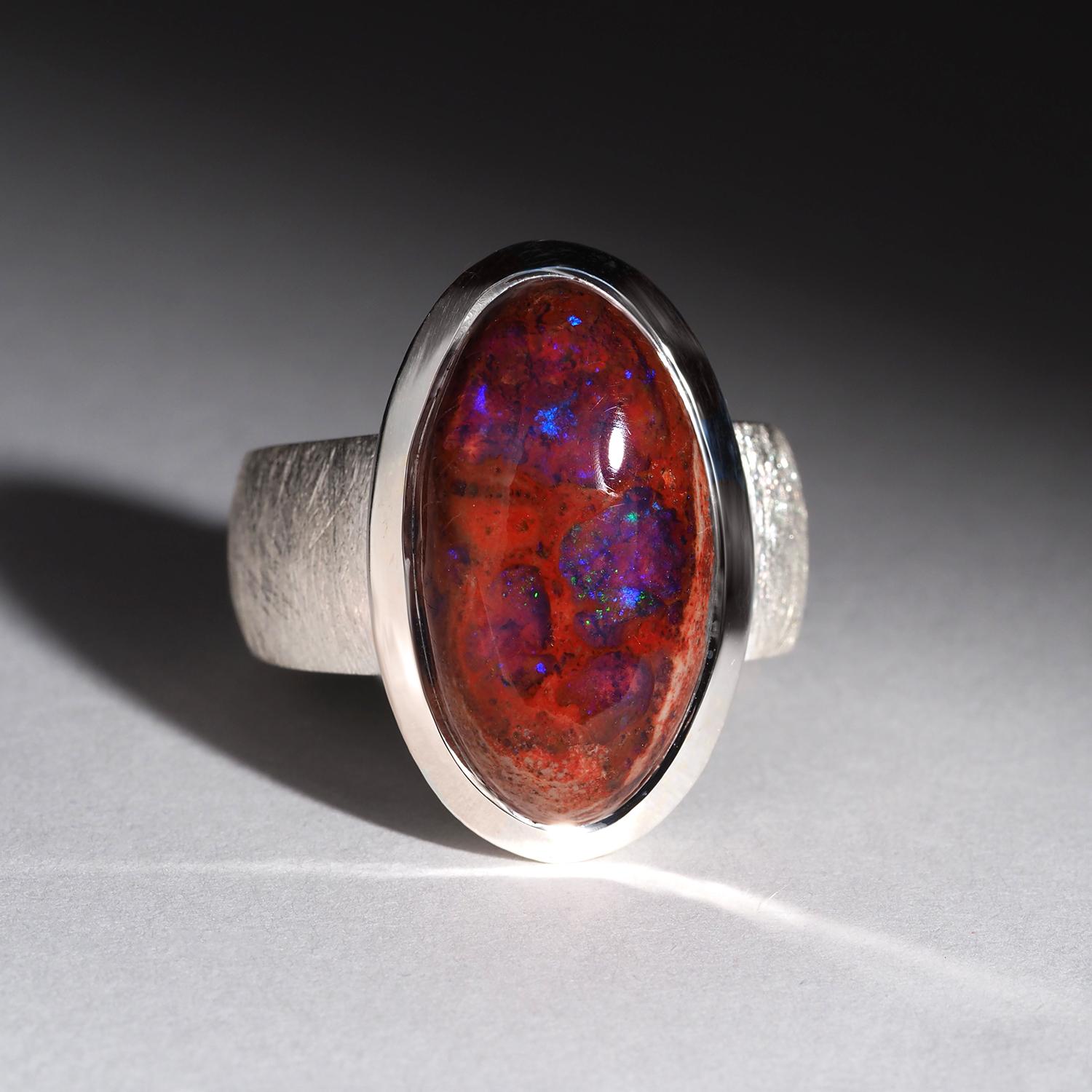 Opale messicano di fuoco Anello d'argento rosso arancione Gioielli di dichiarazione Grande opale naturale in vendita 1