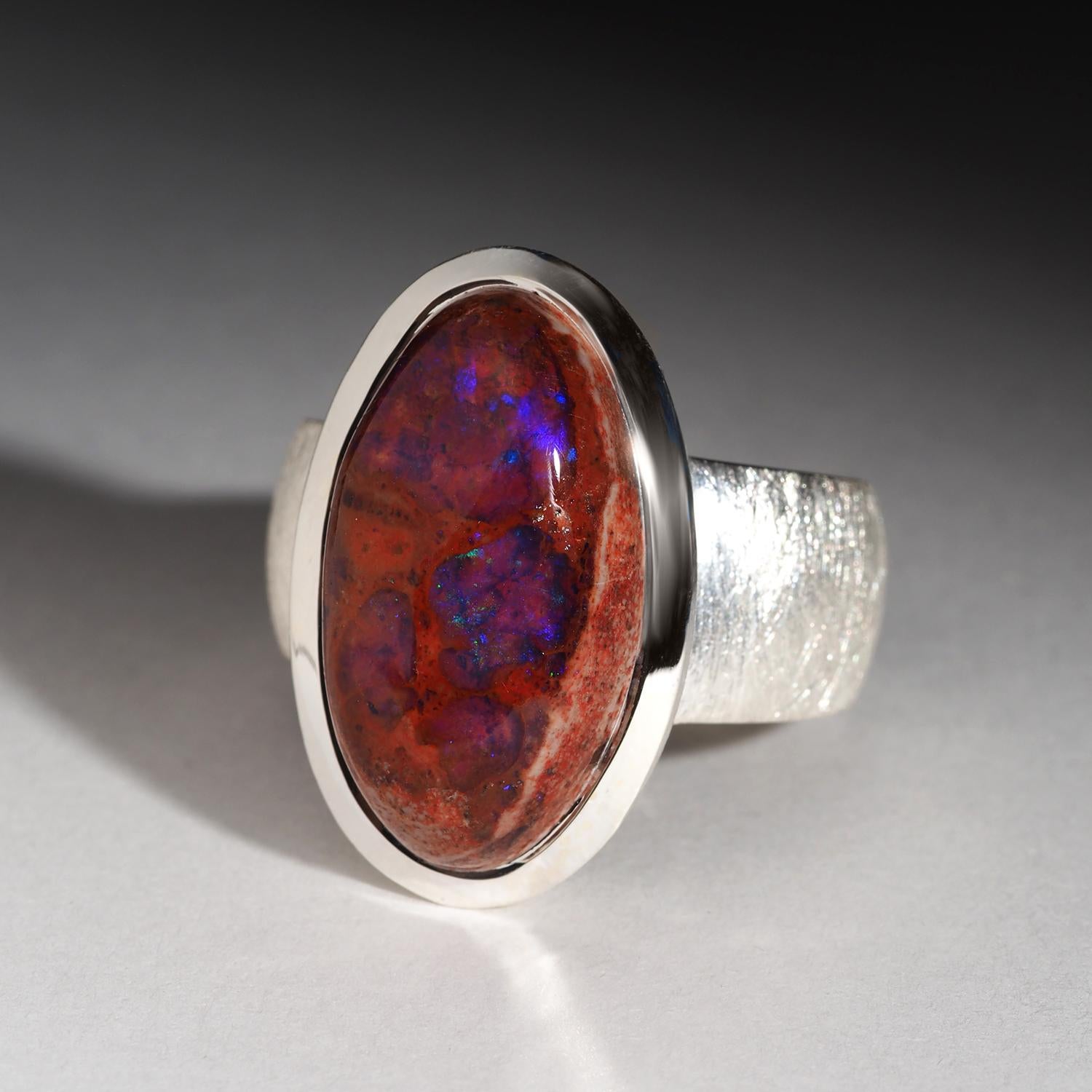 Opale messicano di fuoco Anello d'argento rosso arancione Gioielli di dichiarazione Grande opale naturale in vendita 2