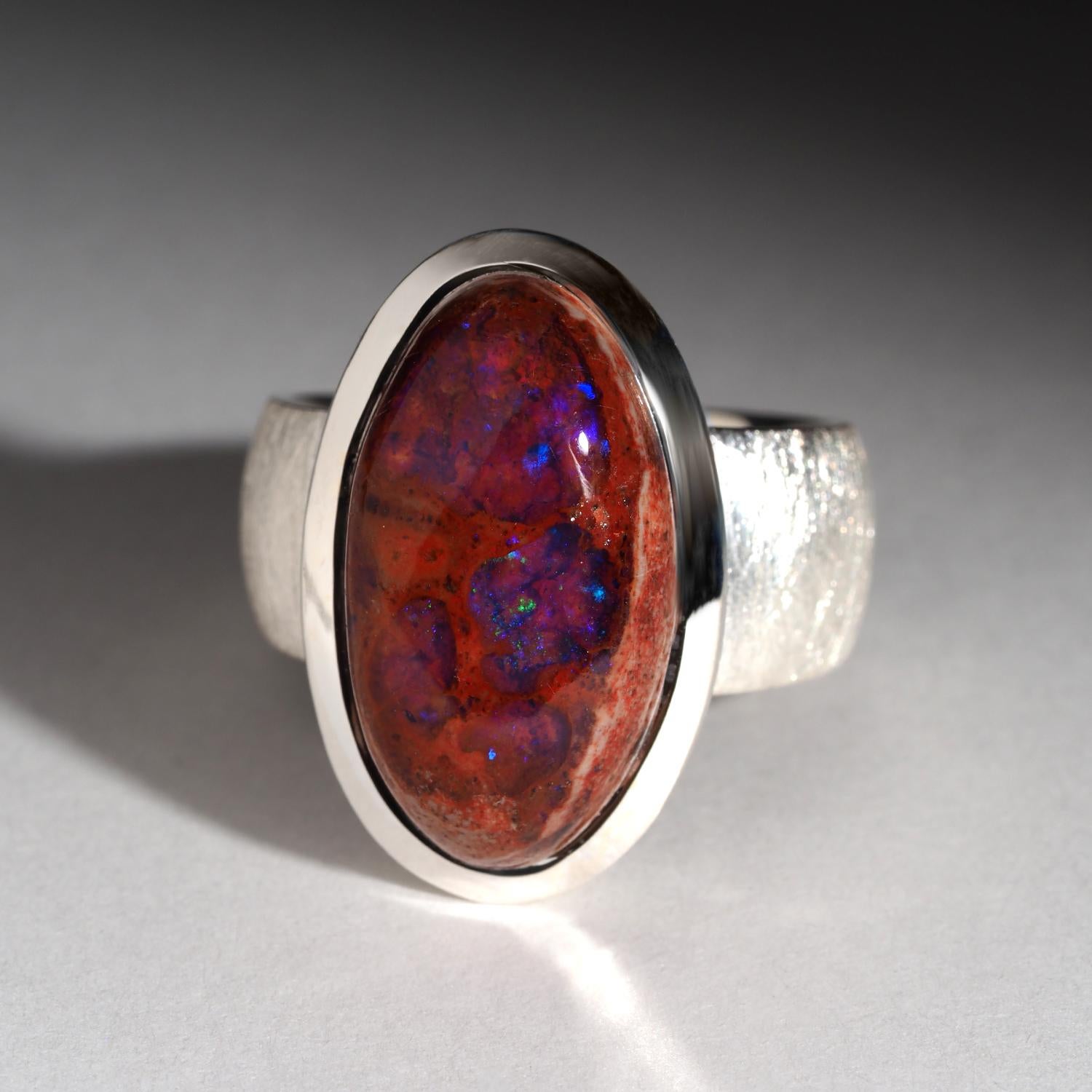 Opale messicano di fuoco Anello d'argento rosso arancione Gioielli di dichiarazione Grande opale naturale in vendita 3