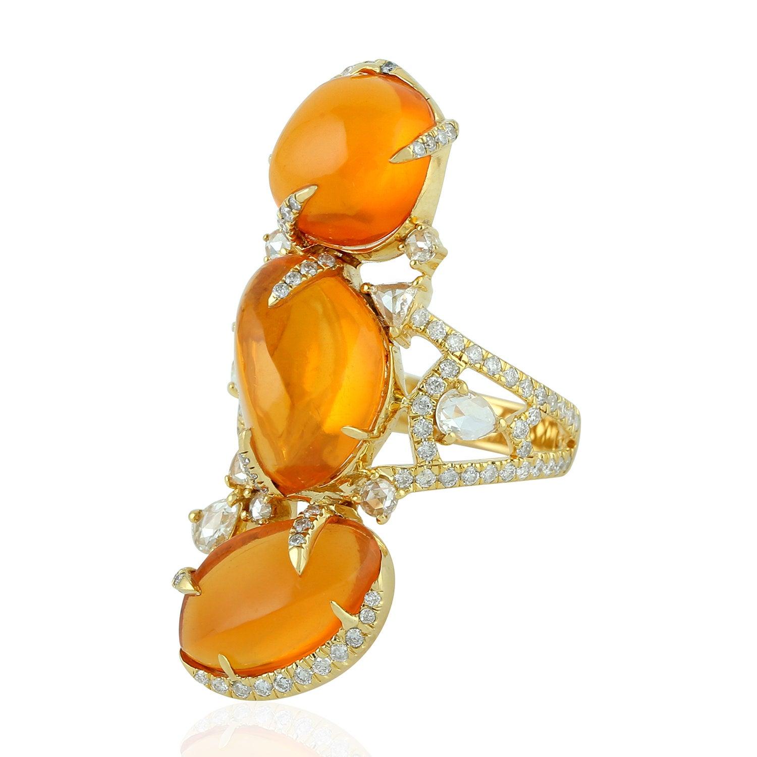For Sale:  Fire Opal 18 Karat Gold Diamond Ring 3