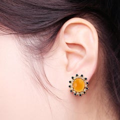 Fire Opal 14 Karat Gold Diamond Stud Earrings