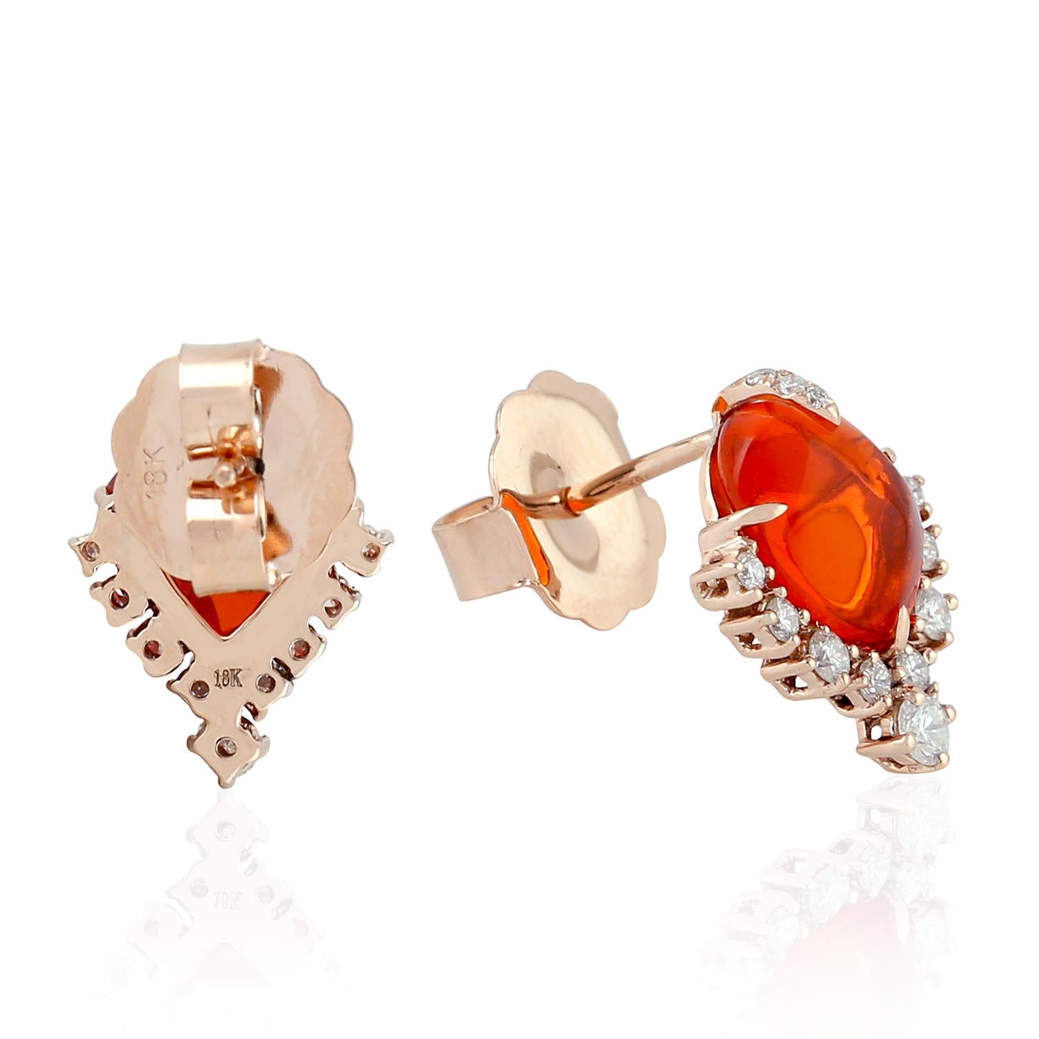 Contemporary Fire Opal 18 Karat Gold Diamond Stud Earrings For Sale