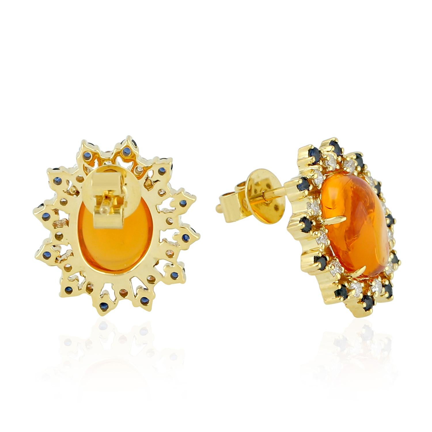 Contemporary Fire Opal 18 Karat Gold Diamond Stud Earrings For Sale