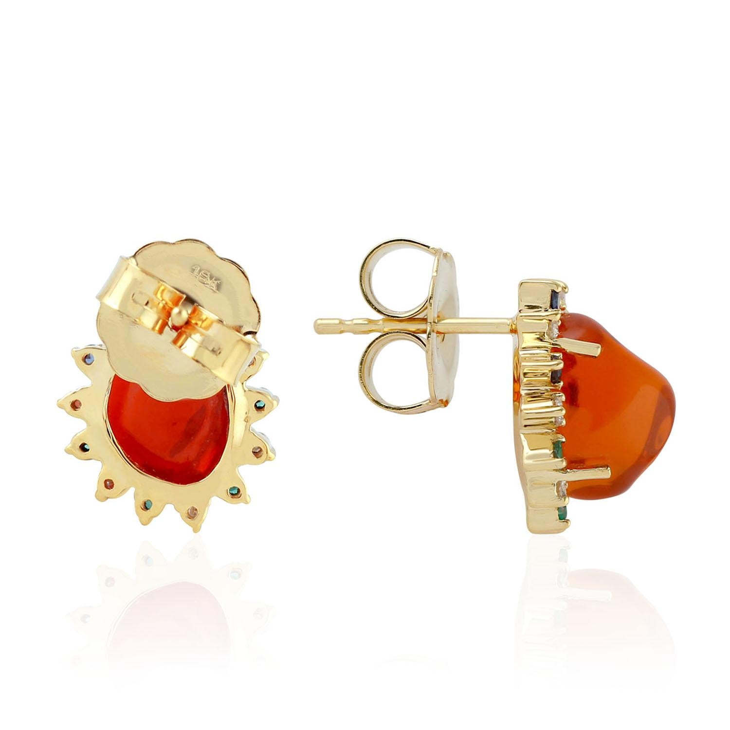 Contemporary Fire opal 18 Karat Gold Diamond Stud Earrings For Sale