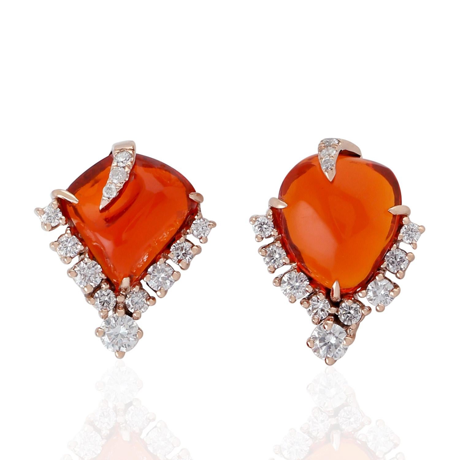 Mixed Cut Fire Opal 18 Karat Gold Diamond Stud Earrings For Sale
