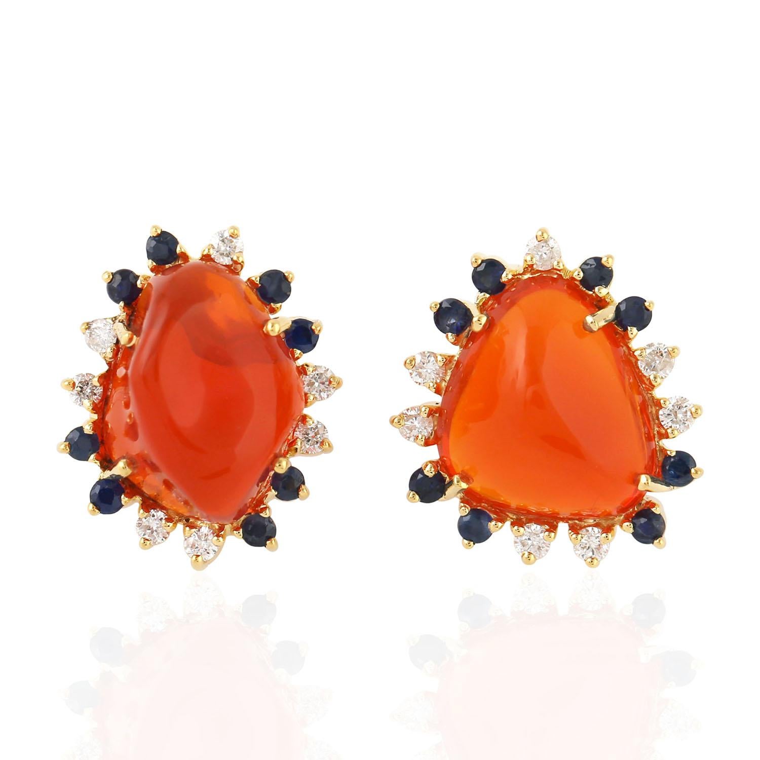 Mixed Cut Fire opal 18 Karat Gold Diamond Stud Earrings For Sale