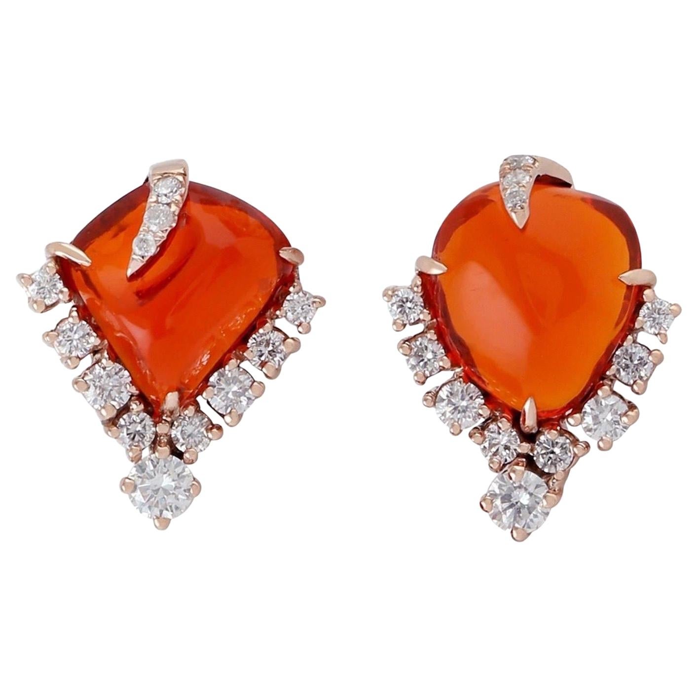 Fire Opal 18 Karat Gold Diamond Stud Earrings