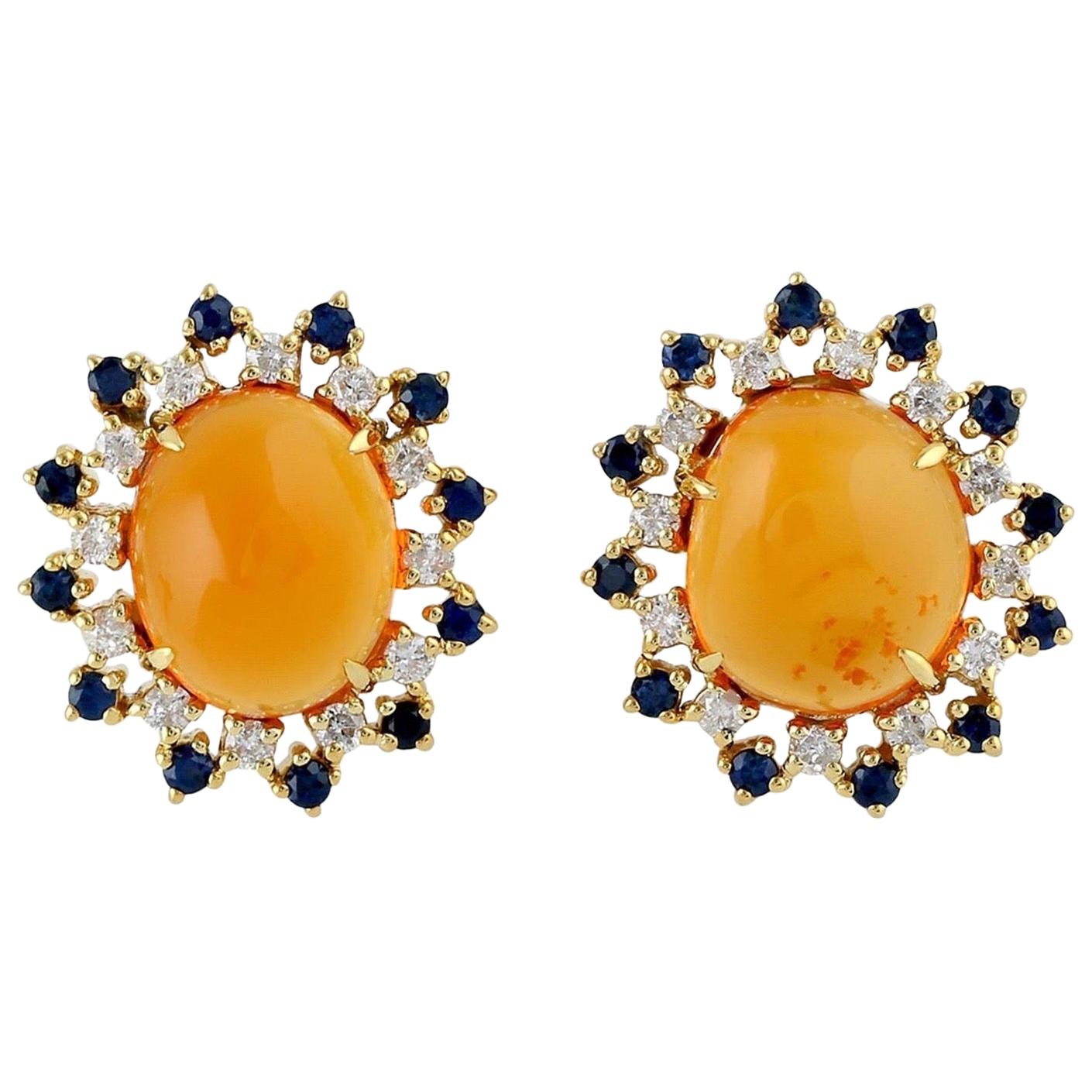 Fire Opal 18 Karat Gold Diamond Stud Earrings For Sale
