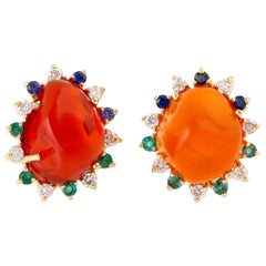 Fire opal 18 Karat Gold Diamond Stud Earrings